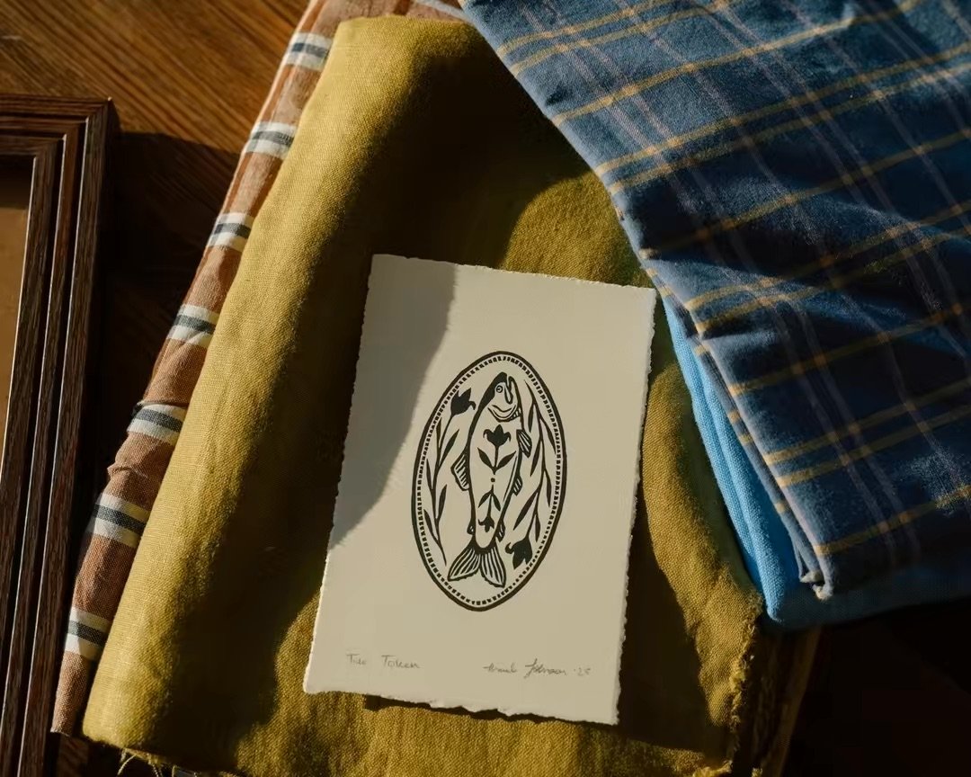 Tiny Stamp Post — Tide Token original fish block print on deckled paper