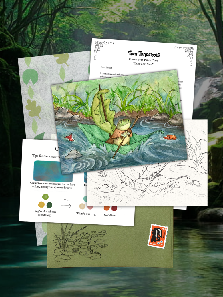 Tiny Toadstools — March 2026 official mail preview, including the higher-tier coloring page
