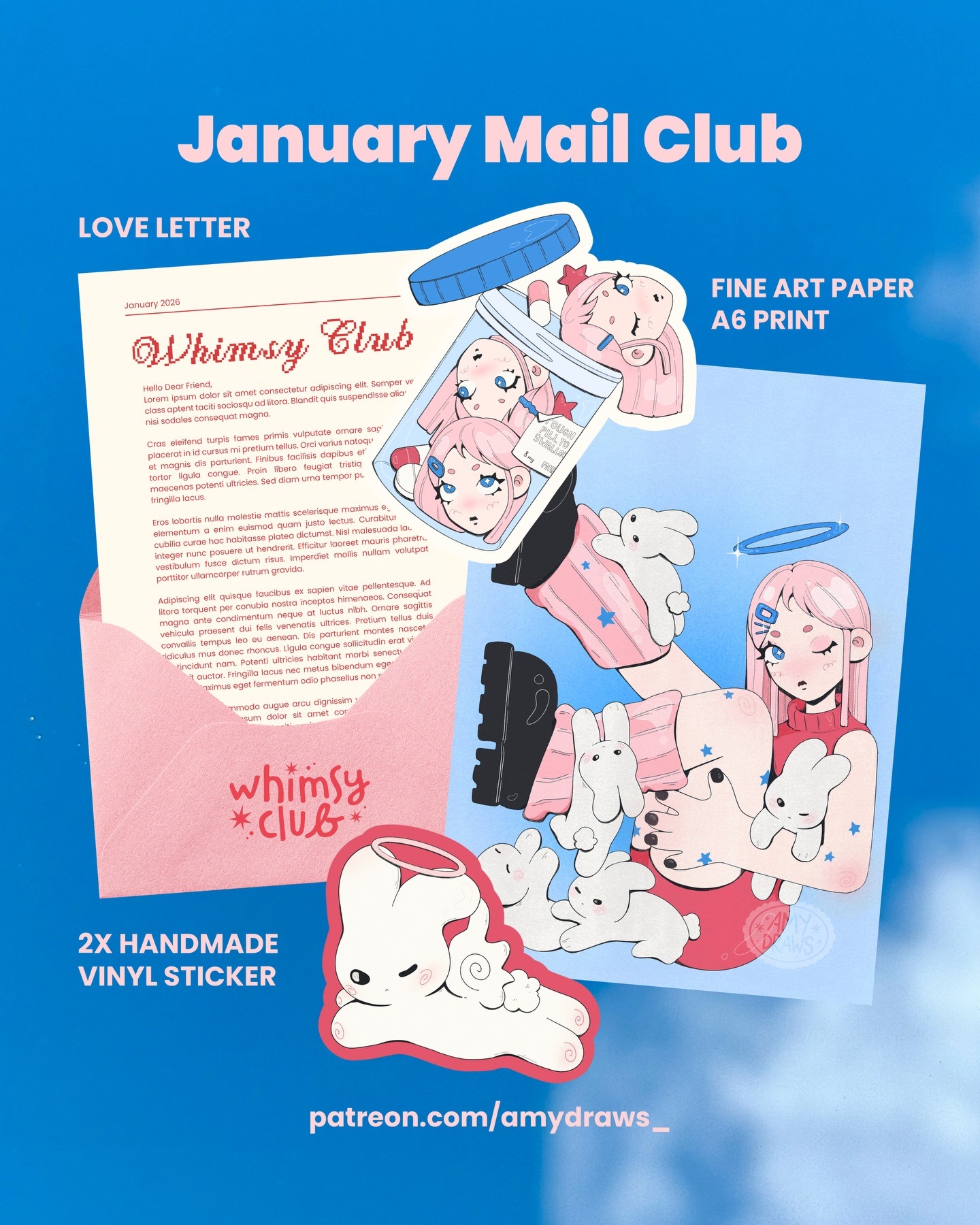 Whimsy Mail Club January pastel art print, stickers, and letter