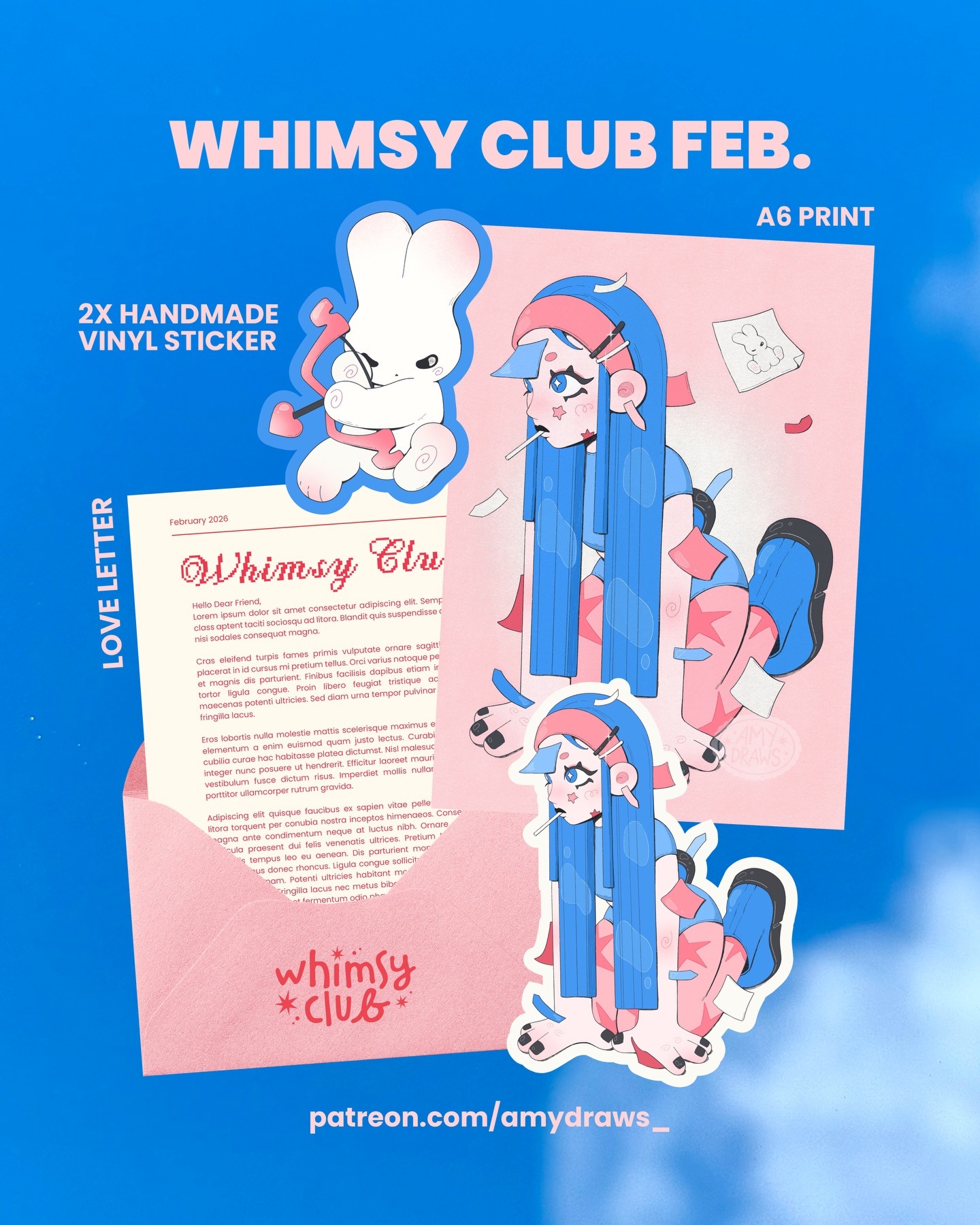 Whimsy Mail Club February art print, stickers, and letter