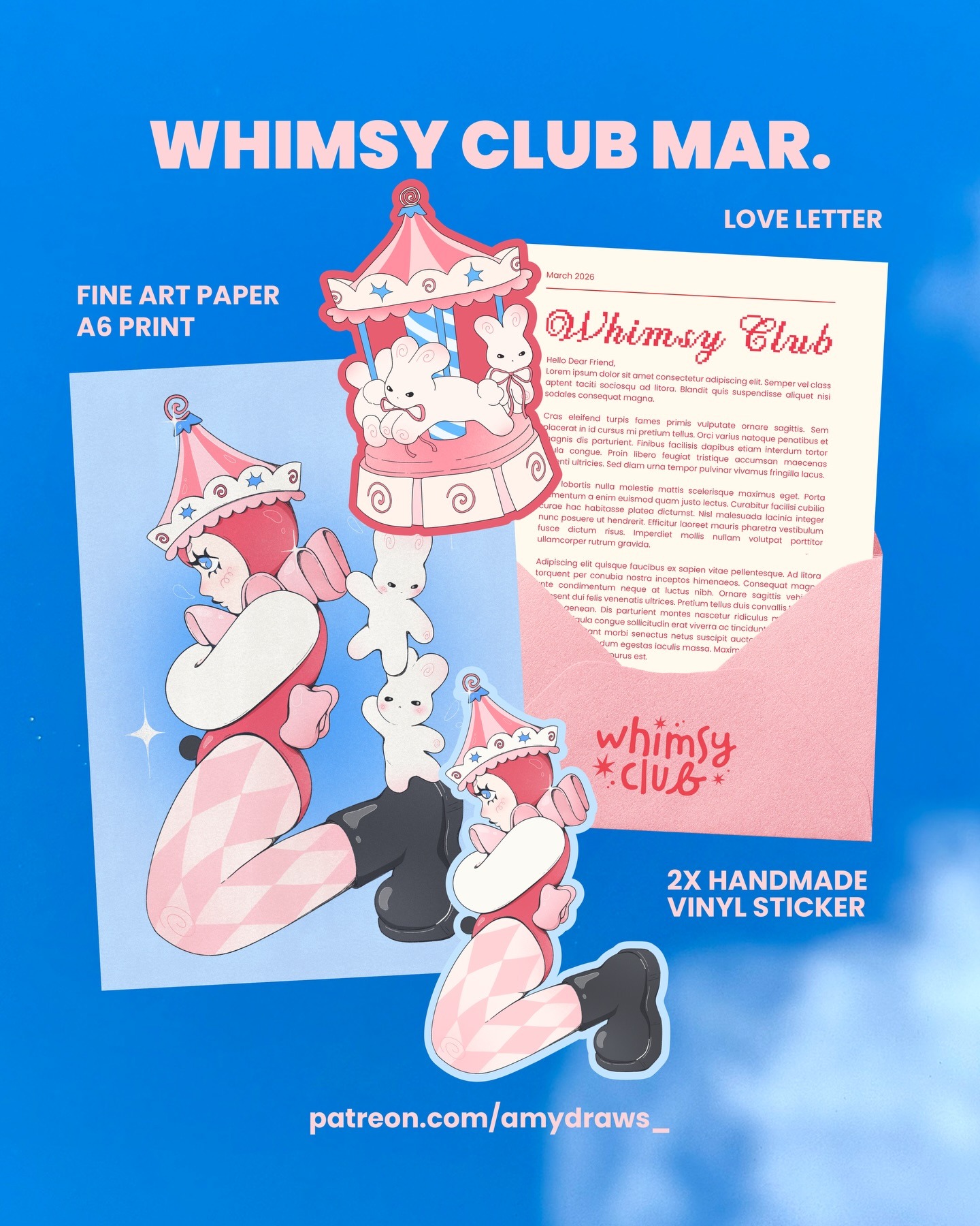 Whimsy Mail Club March art print, stickers, and letter