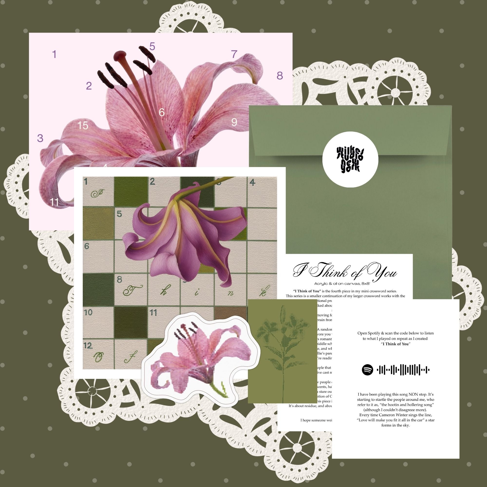 Wilkes Studio May 2026 mail with a lily print, flower sticker, letter, green envelope and patterned tissue paper