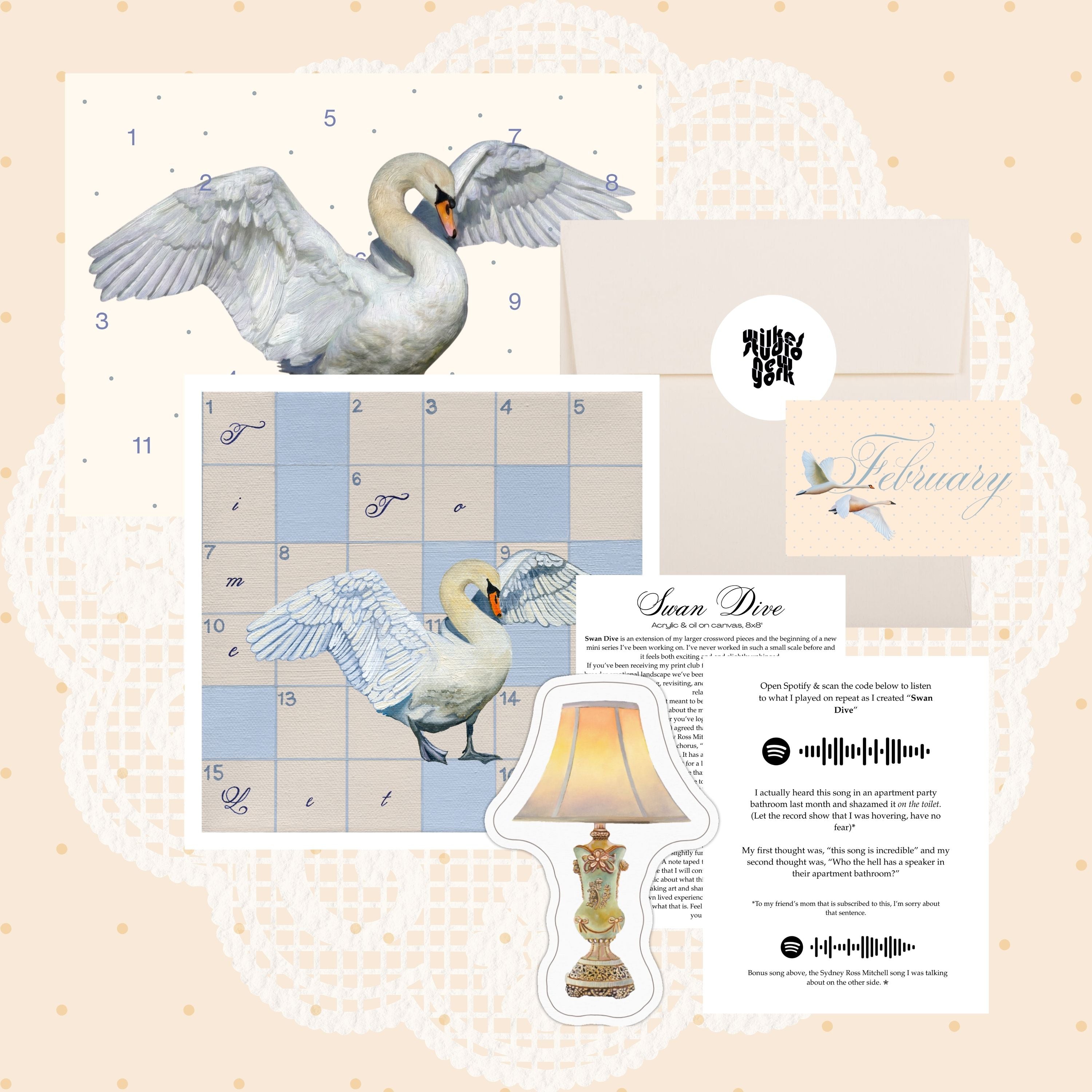 Wilkes Studio February 2026 mail with a swan print, lamp sticker and letter