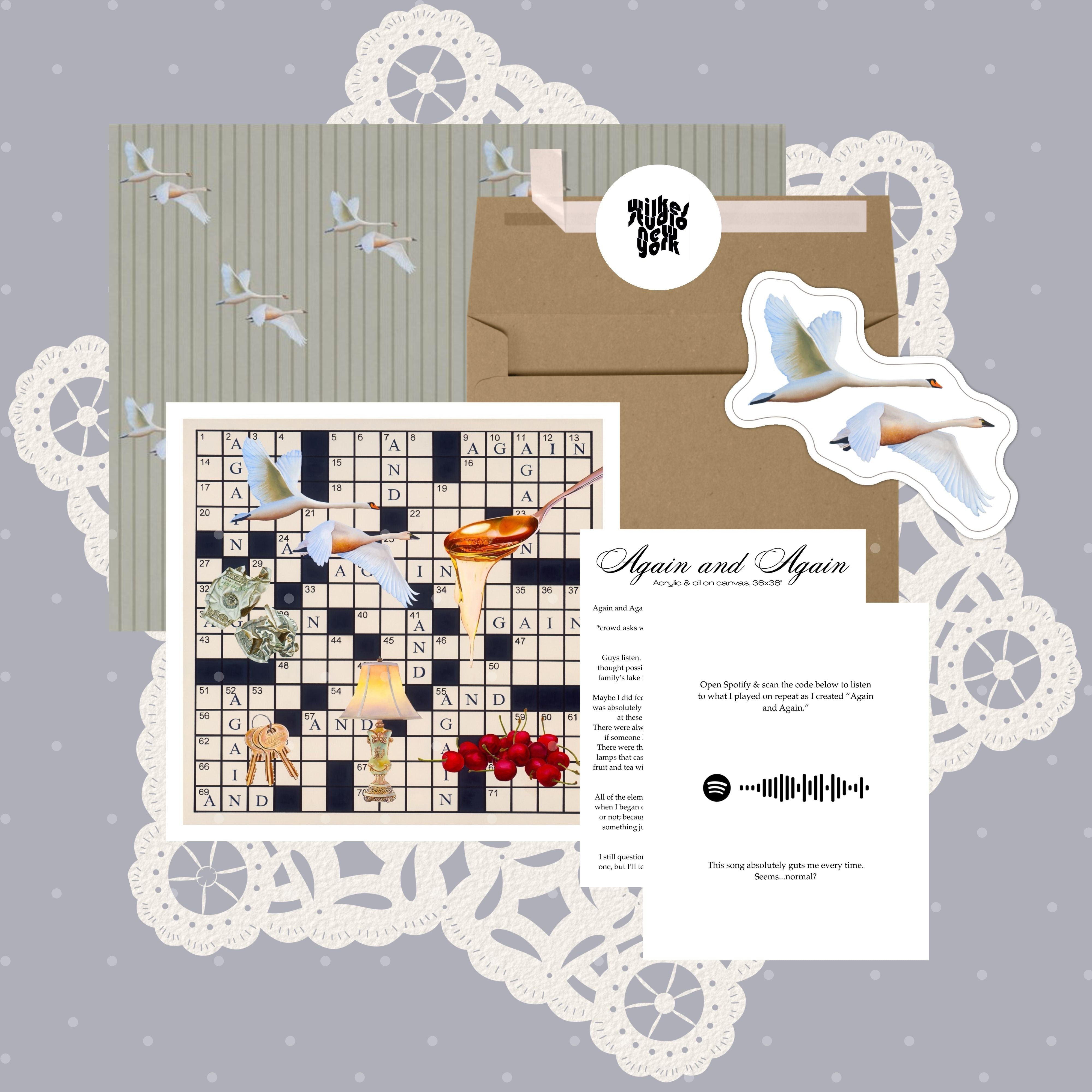 Wilkes Studio November 2025 mail with a still-life print, bird sticker, letter and striped tissue paper