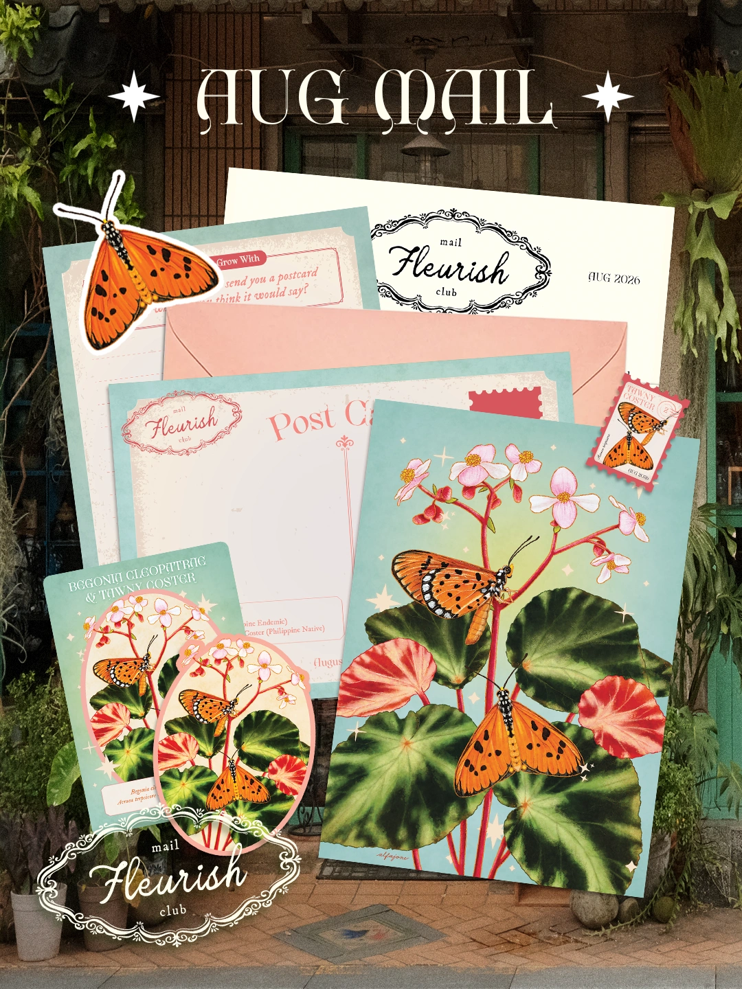 Fleurish Mail Club — August Begonia cleopatrae and Tawny Coster mail preview