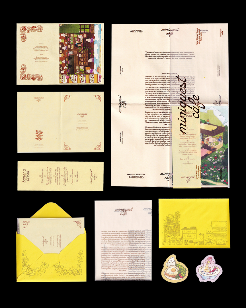 Miniquest Club — July–August café-themed double edition composition preview