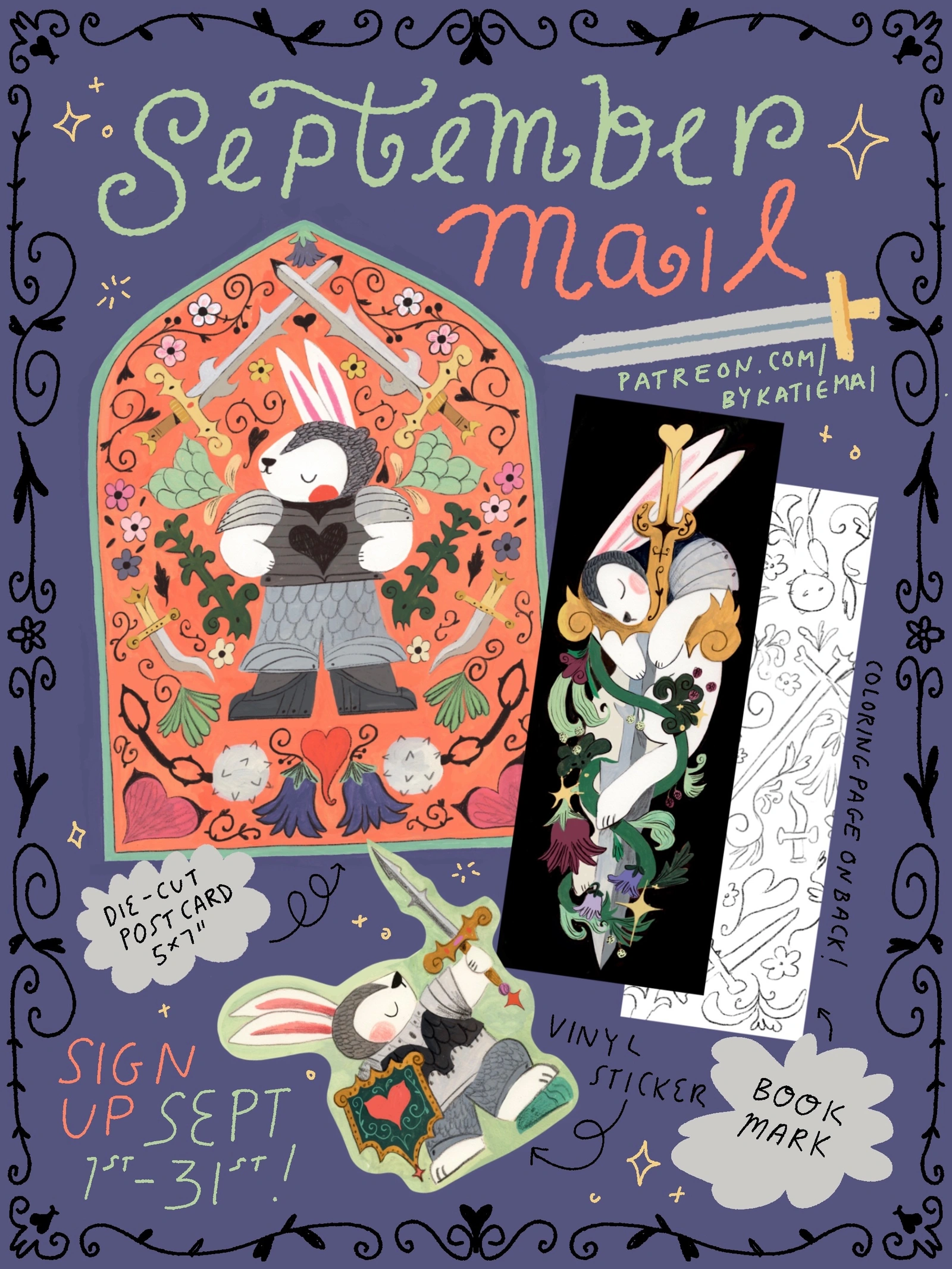 Katie Mai September 2026 rabbit-knight postcard, sticker, and bookmark designs