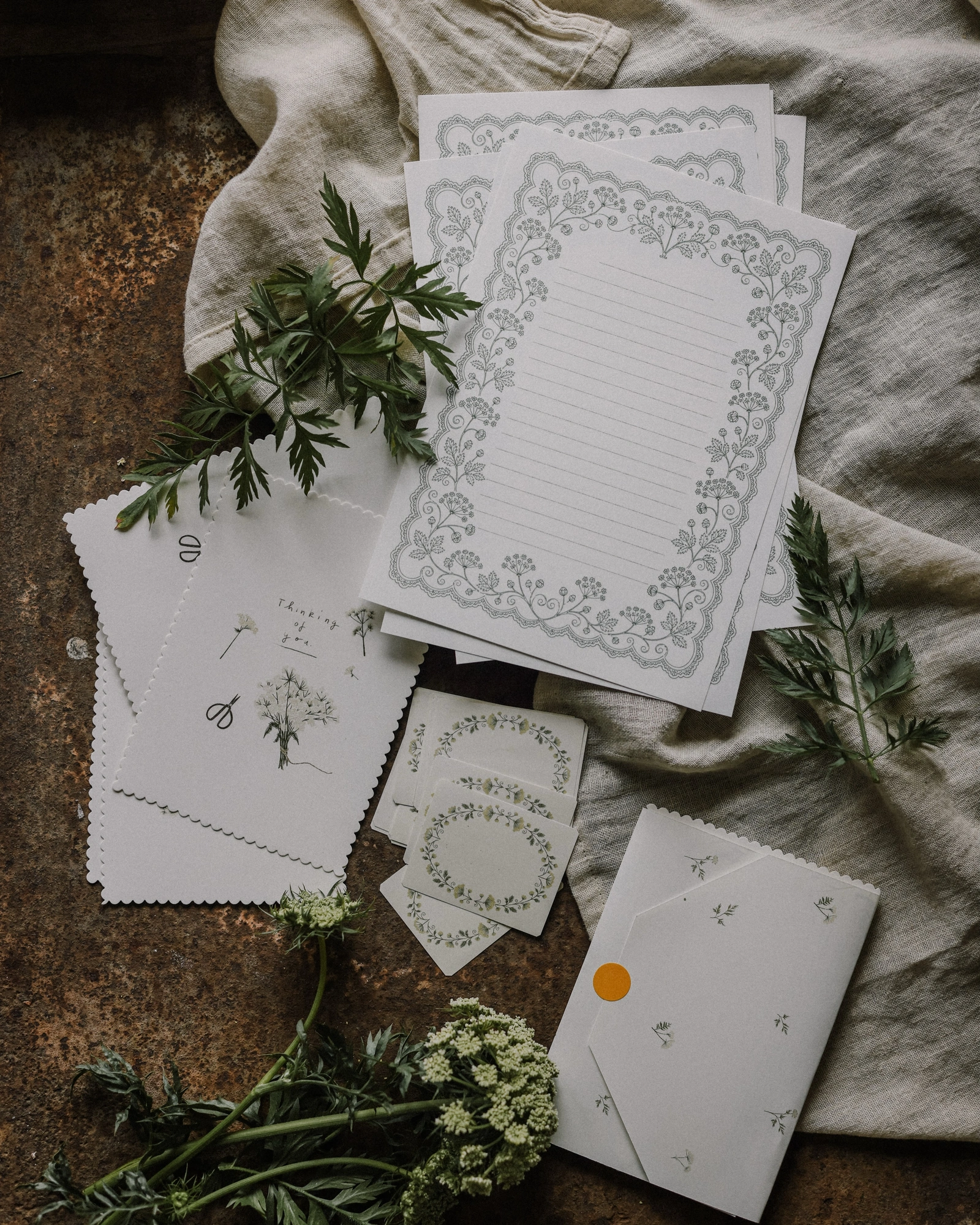 Meadow Letters: Botanical writing paper, scalloped cards, labels, and envelopes