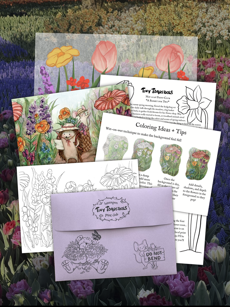 Tiny Toadstools — May 2026 official mail preview, including the higher-tier coloring page