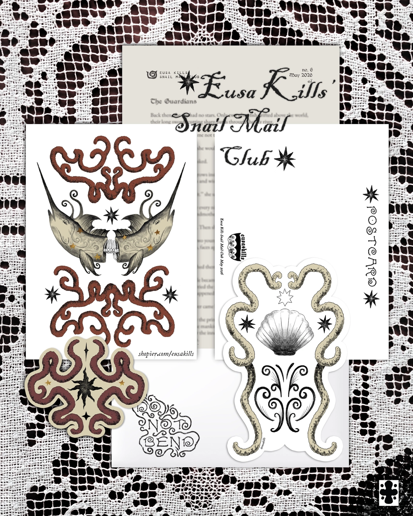 Vestige Post — May collection with an illustrated postcard, bookmark, sticker, and letter