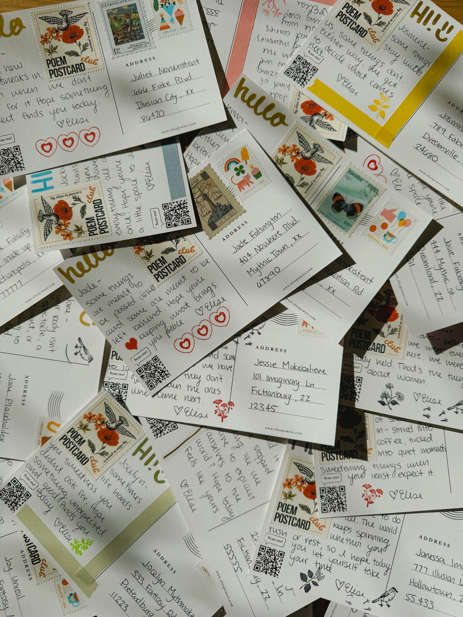 Poem Postcard Club — reverse sides with letters and illustrated stamps, using fictional sample addresses