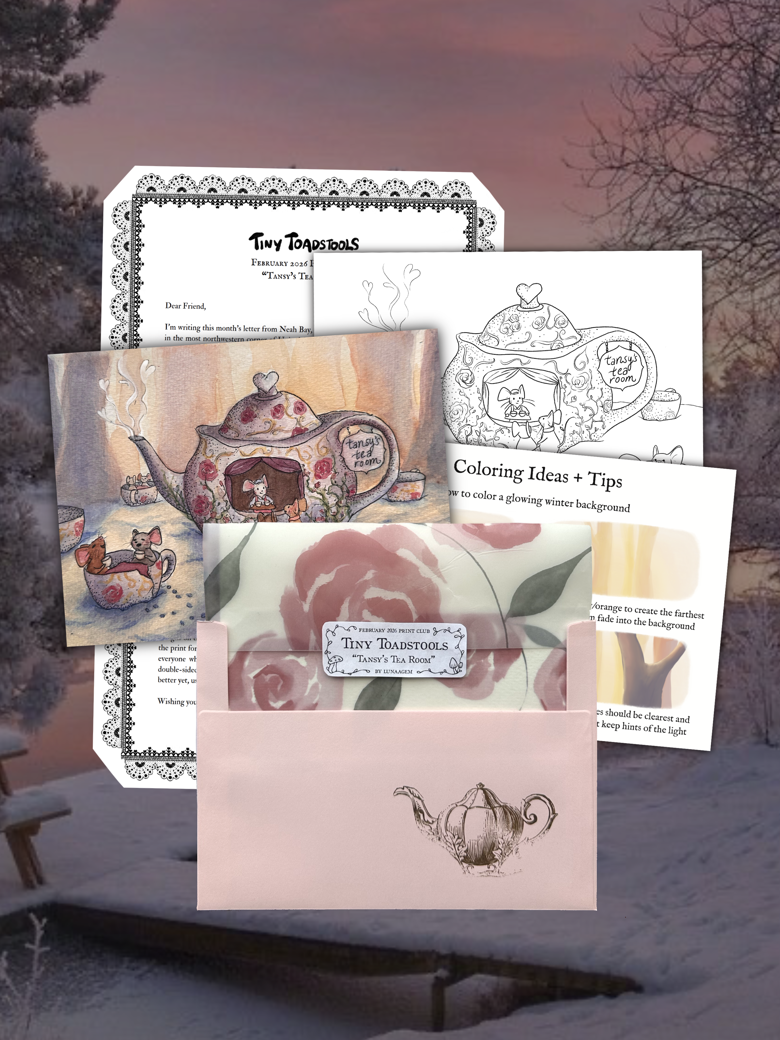 Tiny Toadstools — February 2026 official mail preview, including the higher-tier coloring page
