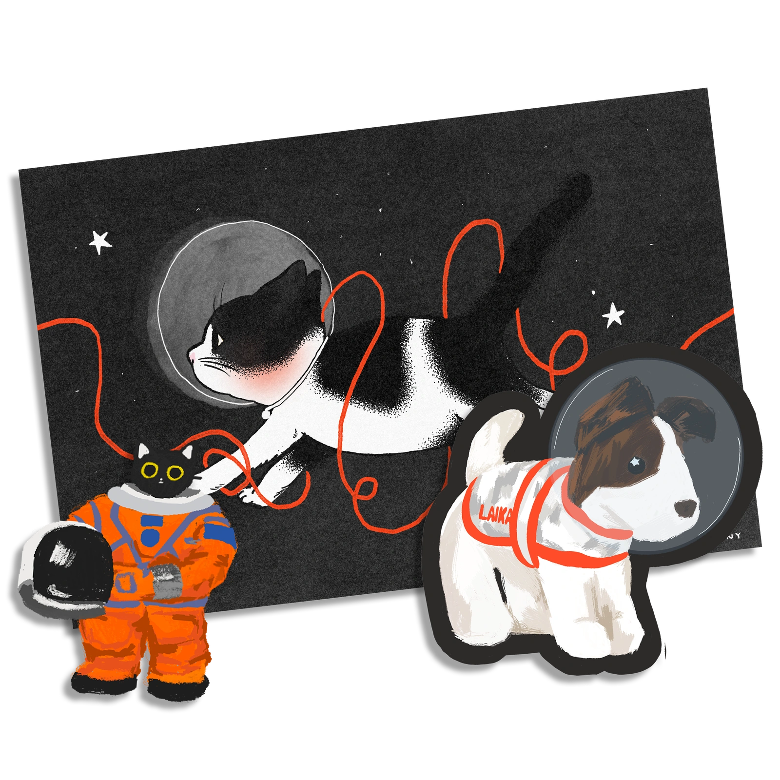 Tiny Mail Club June astronaut cat print and stickers