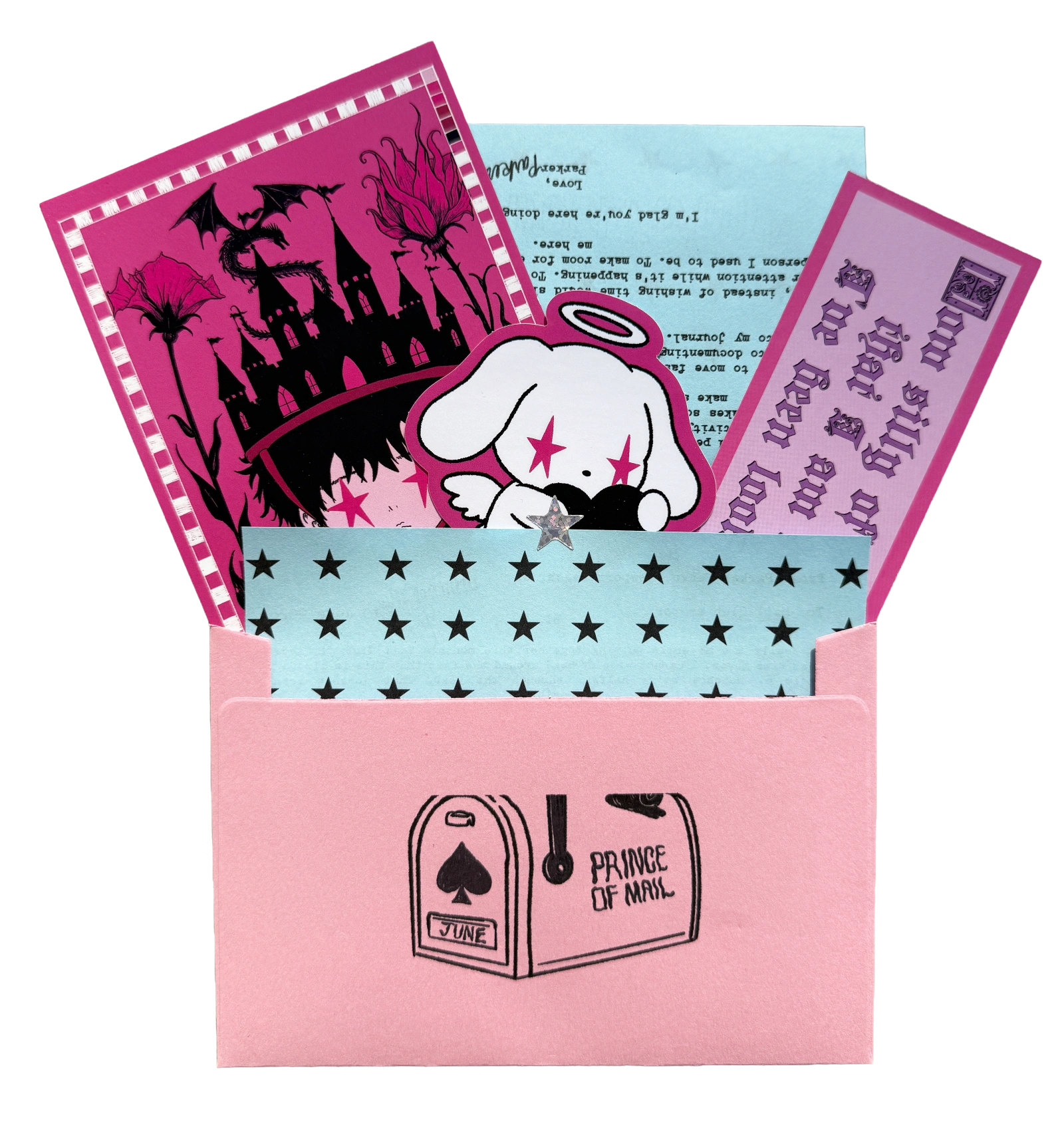 Prince of California: July mail club postcard, letter, sticker, and paper extras