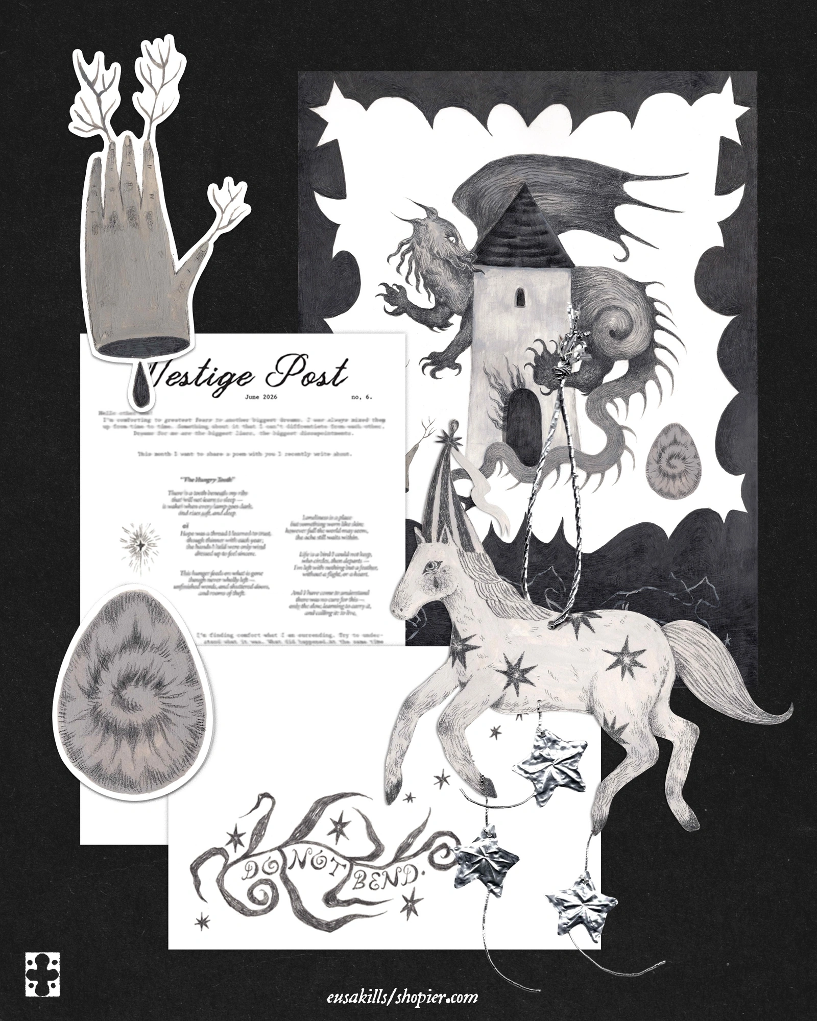 Vestige Post — June collection with a horse ornament, poster, stickers, and letter