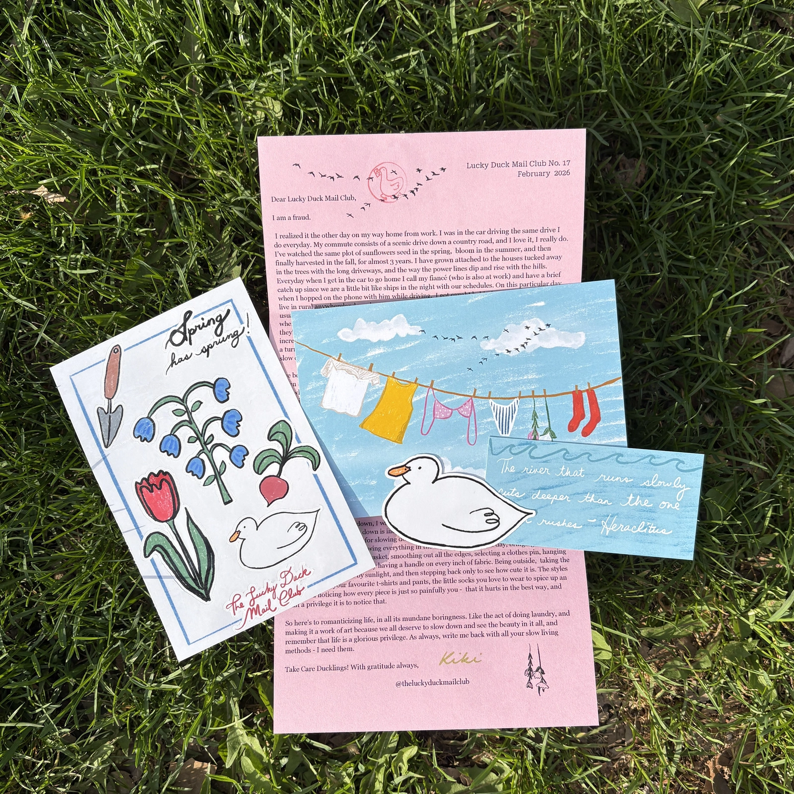 February 2026 premium mail with the letter, clothesline print, quote card, duck sticker and spring sticker sheet