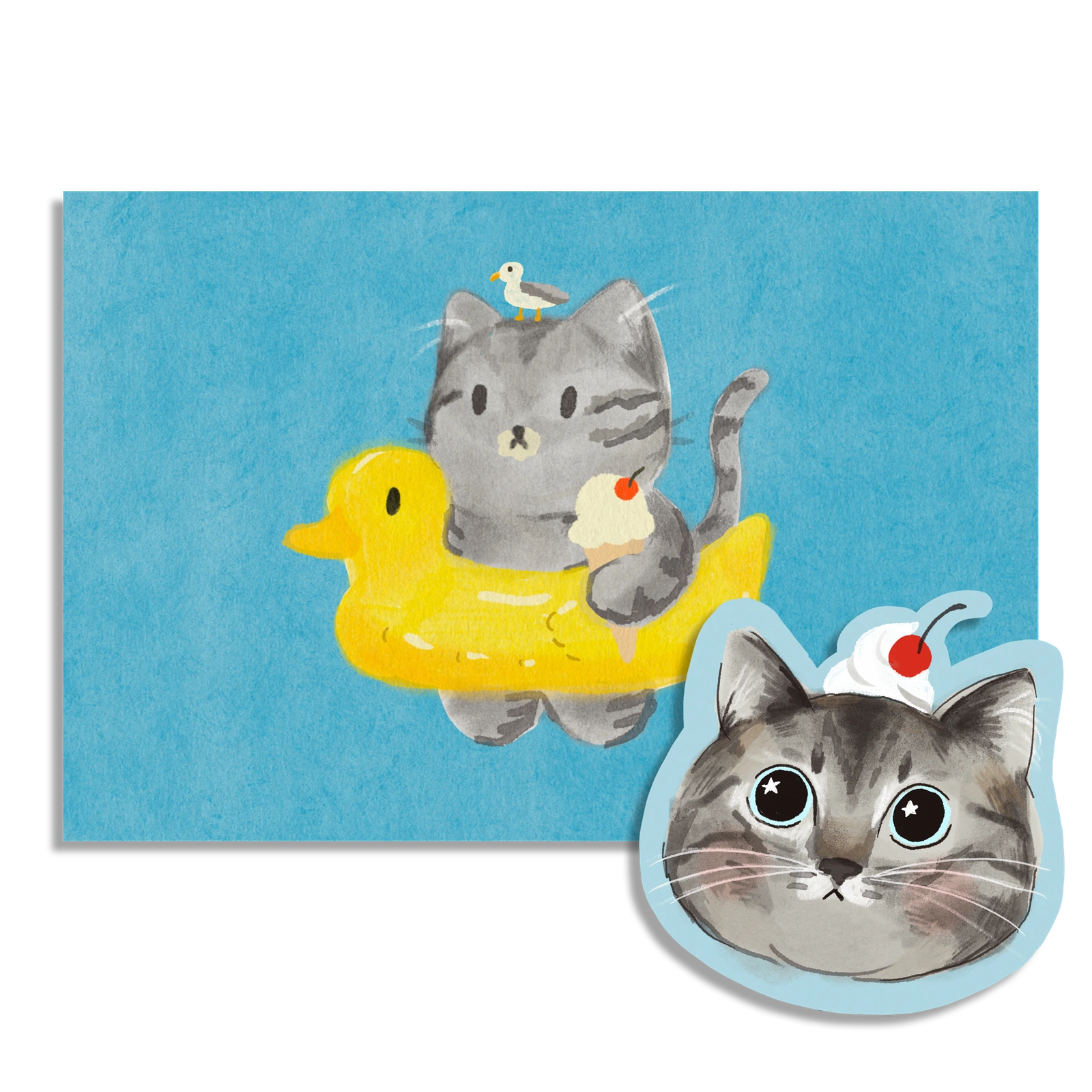 Tiny Mail Club July swimming cat print and sticker