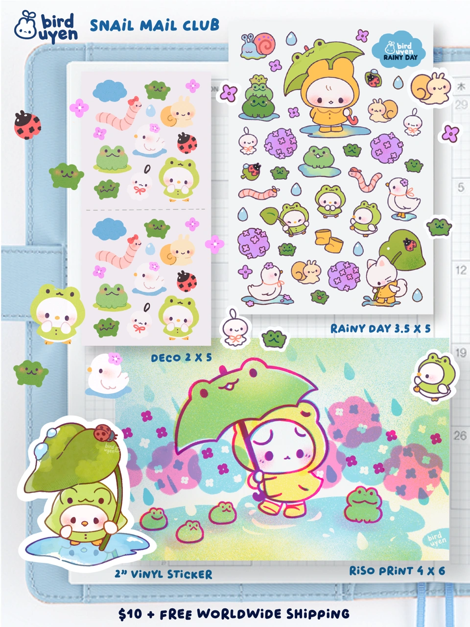 BIRDUYEN Snail Mail Club — Rainy Day sticker sheet, decorative strips, vinyl sticker and risograph print