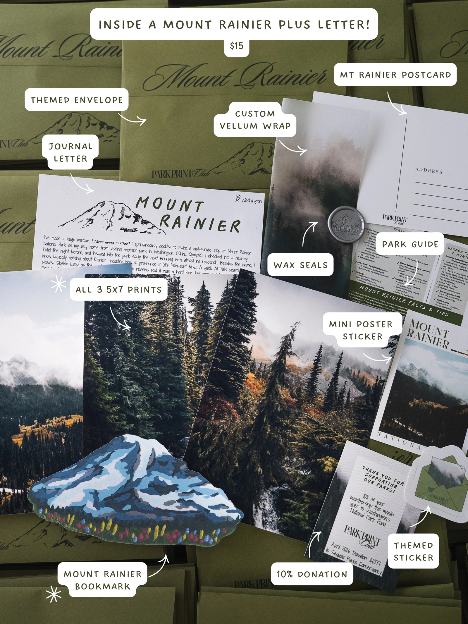 Past Park Print Club Mount Rainier Plus edition with three photo prints, letter, postcard, guide, stickers, and bookmark