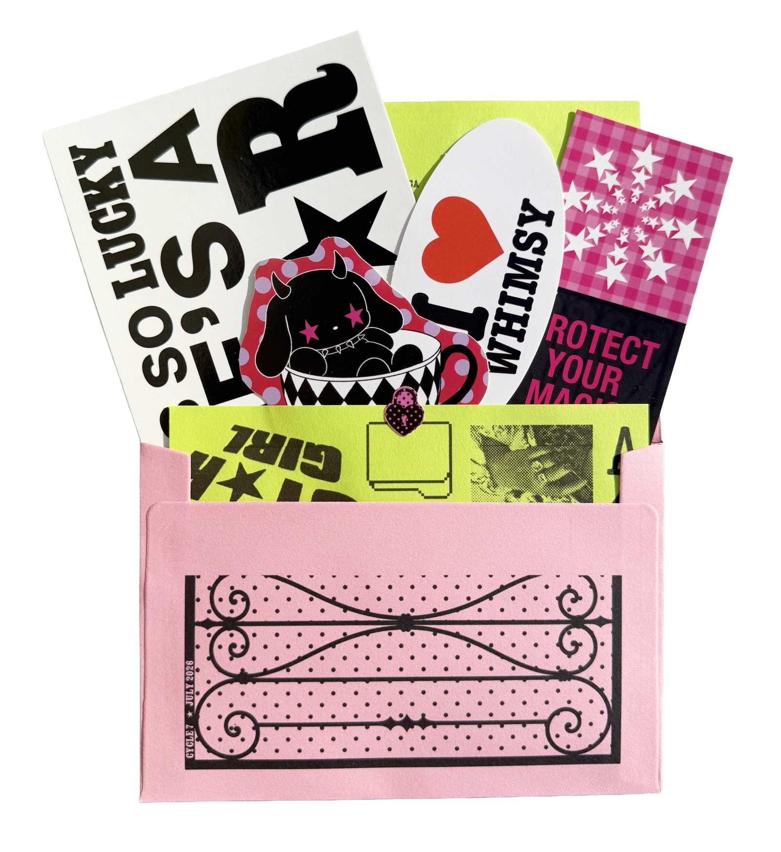 Prince of California: pink mail club envelope with letter, collage artwork, and paper pieces