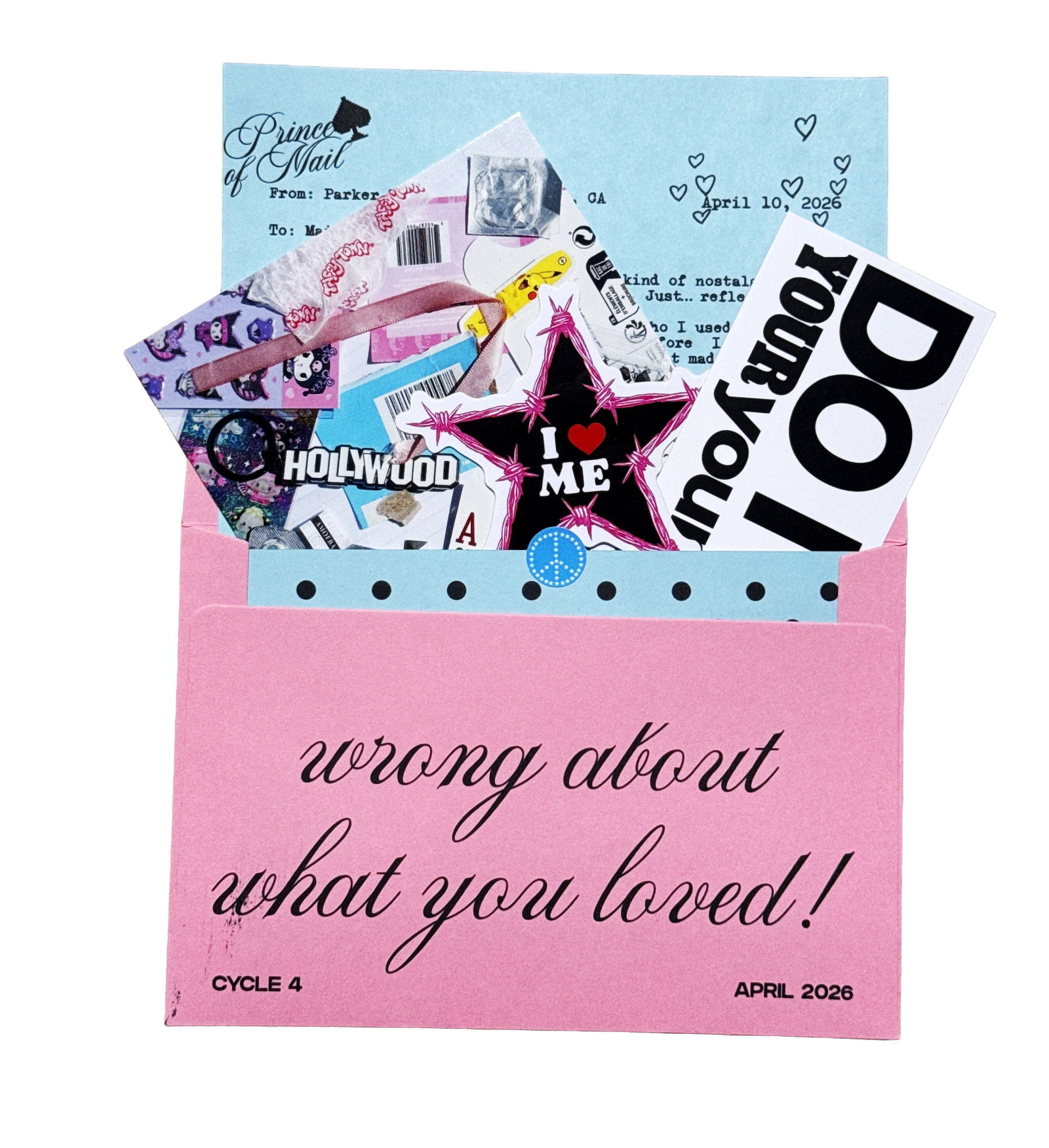Prince of California: April mail club postcard, letter, sticker, and paper extras