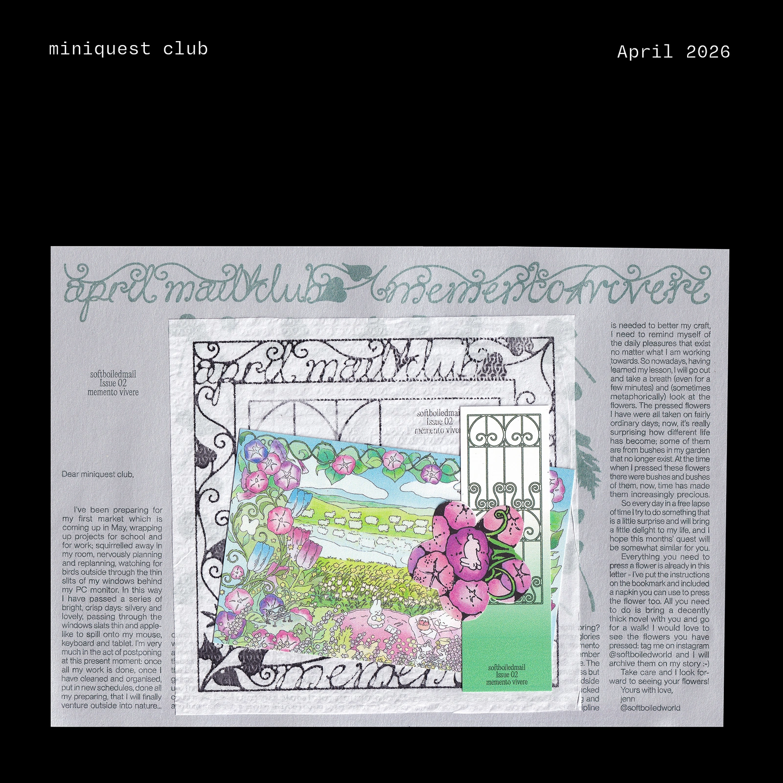 Miniquest Club — April 2026 floral memory-themed print and letter preview
