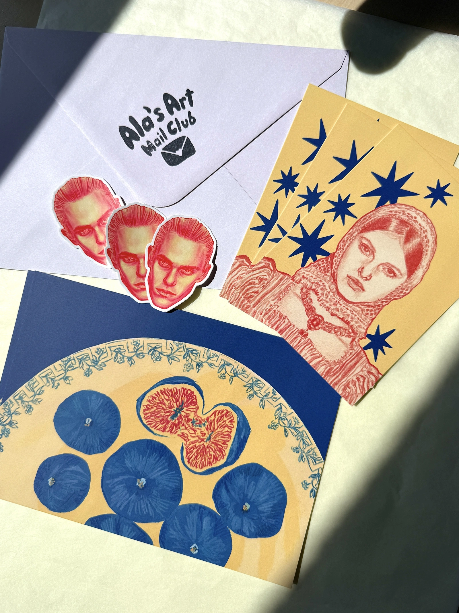 Art Mail Club — August 2026 figs and portrait prints with stickers and envelope