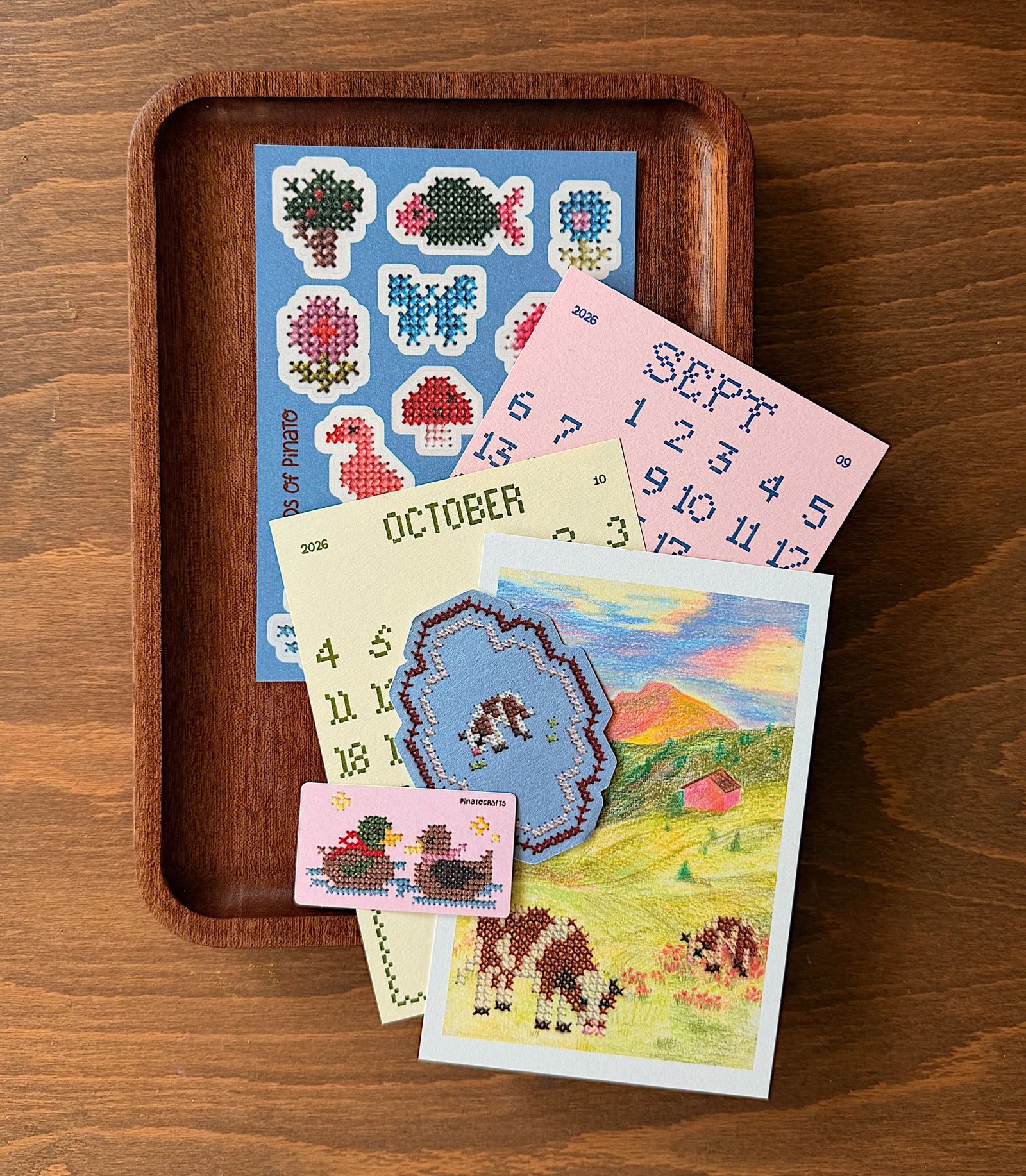 Friends of Pinato — August cross-stitch-inspired postcards and paper goods