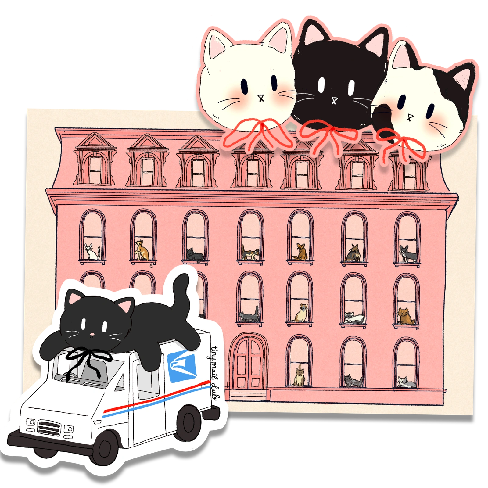 Tiny Mail Club August cat building print and cat stickers