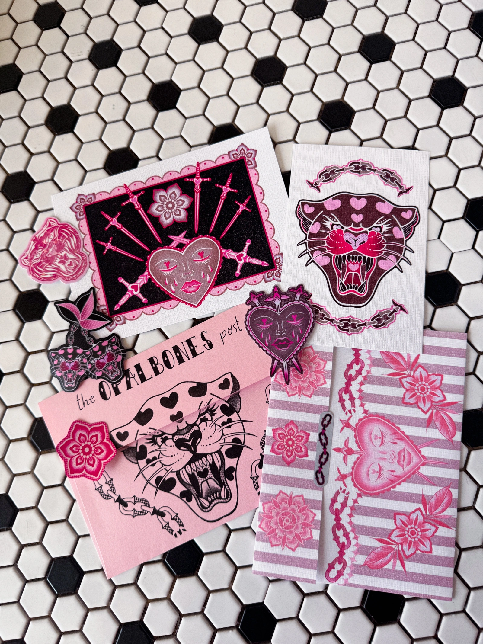 The Opalbones Post — August edition, Big Cats & Trad Tats prints, stickers, and packaging