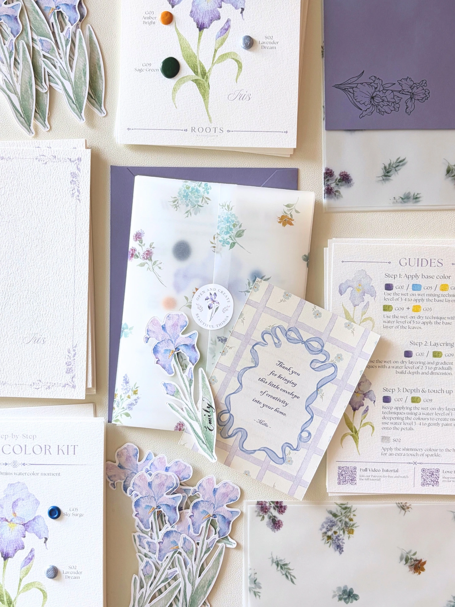 Watercolor Kit Mail Club — September 2026 Starlit Iris — kit materials arranged in a batch