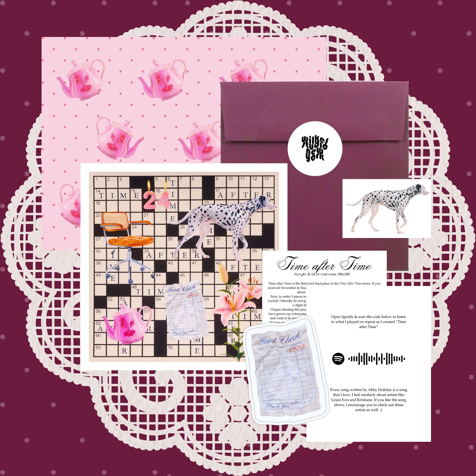 Wilkes Studio January 2026 mail with a floral still-life print, leopard sticker, letter and pink tissue paper