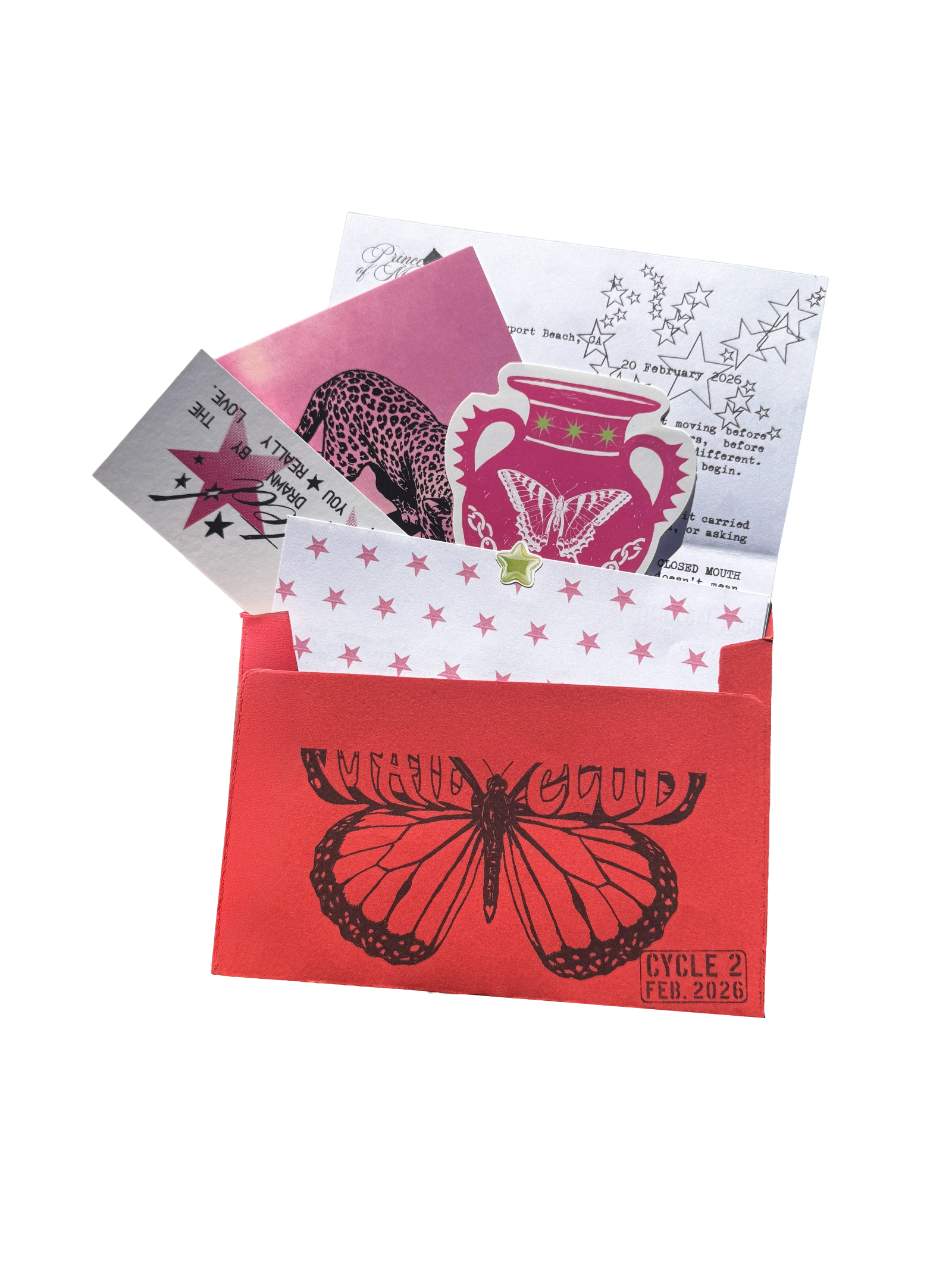 Prince of California: February mail club postcard, letter, sticker, and paper extras