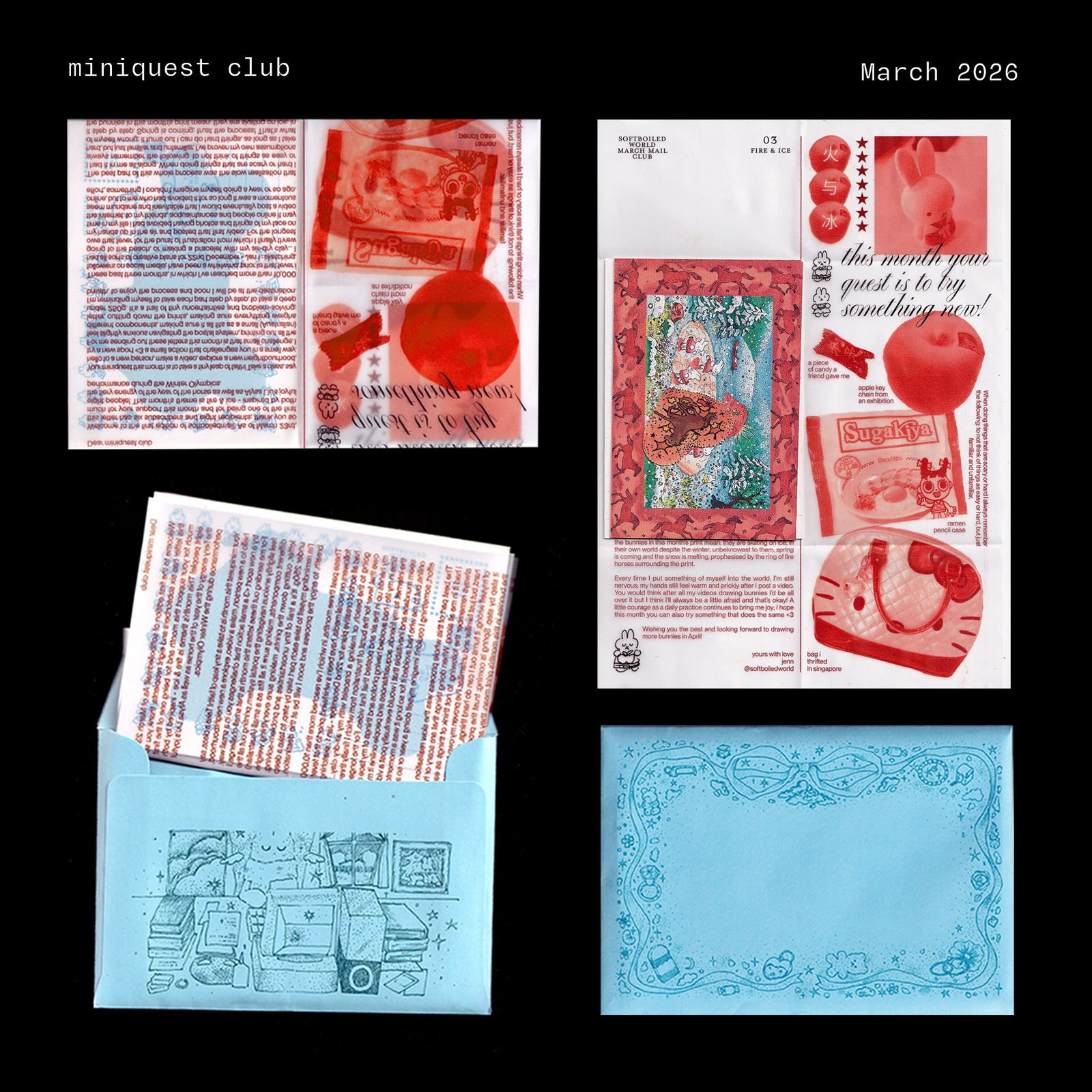 Miniquest Club — March 2026 red and blue mail composition preview