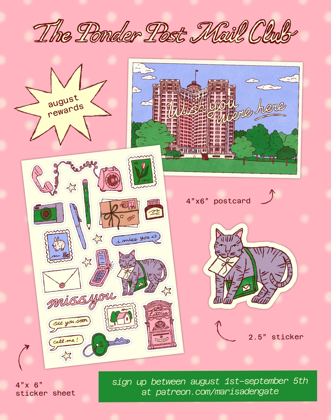 Ponder Post Mail Club — August 2026 connection-themed postcard and sticker rewards