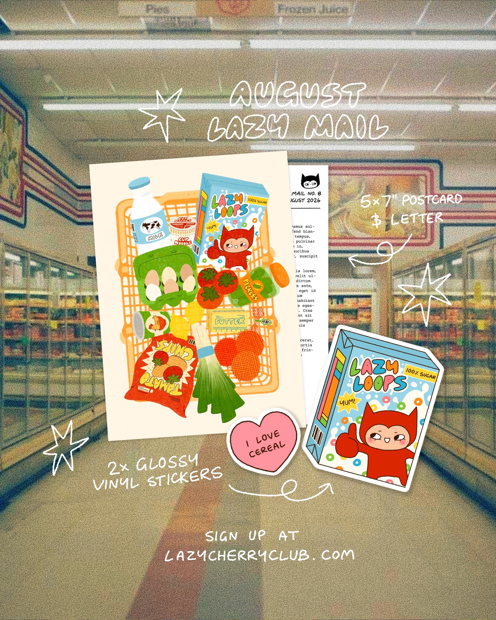 Lazy Mail Club August shopping basket art print, letter, and bonus stickers