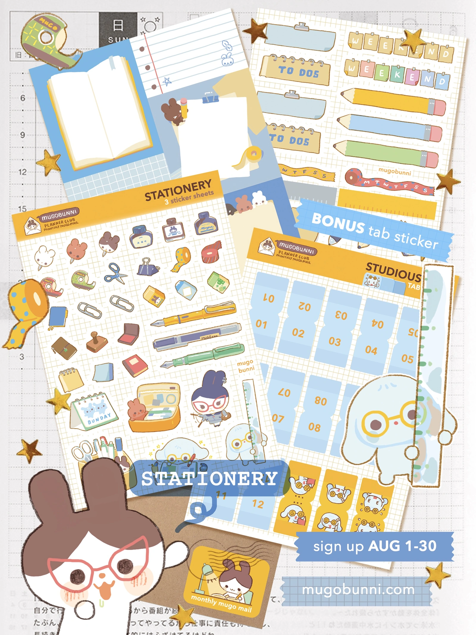 Monthly Mugo Mail — Stationery collection with illustrated icons, writable memos, planner headers and that edition’s tab-sticker bonus