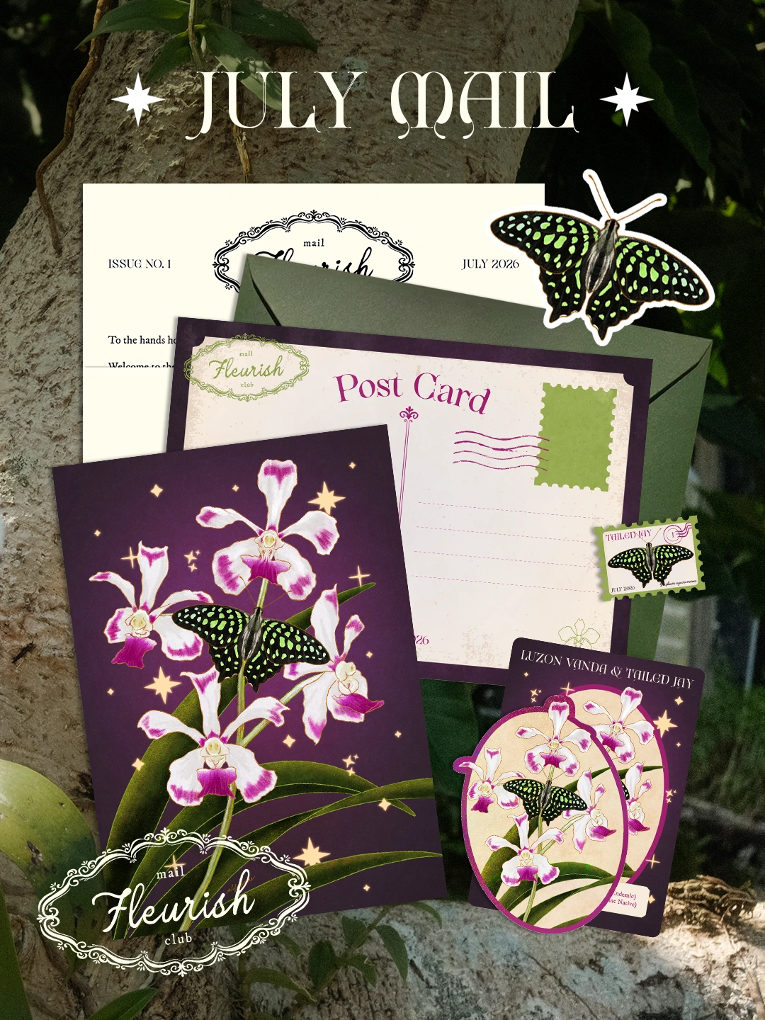 Fleurish Mail Club — July Luzon Vanda and Tailed Jay mail; official composition preview against a tree