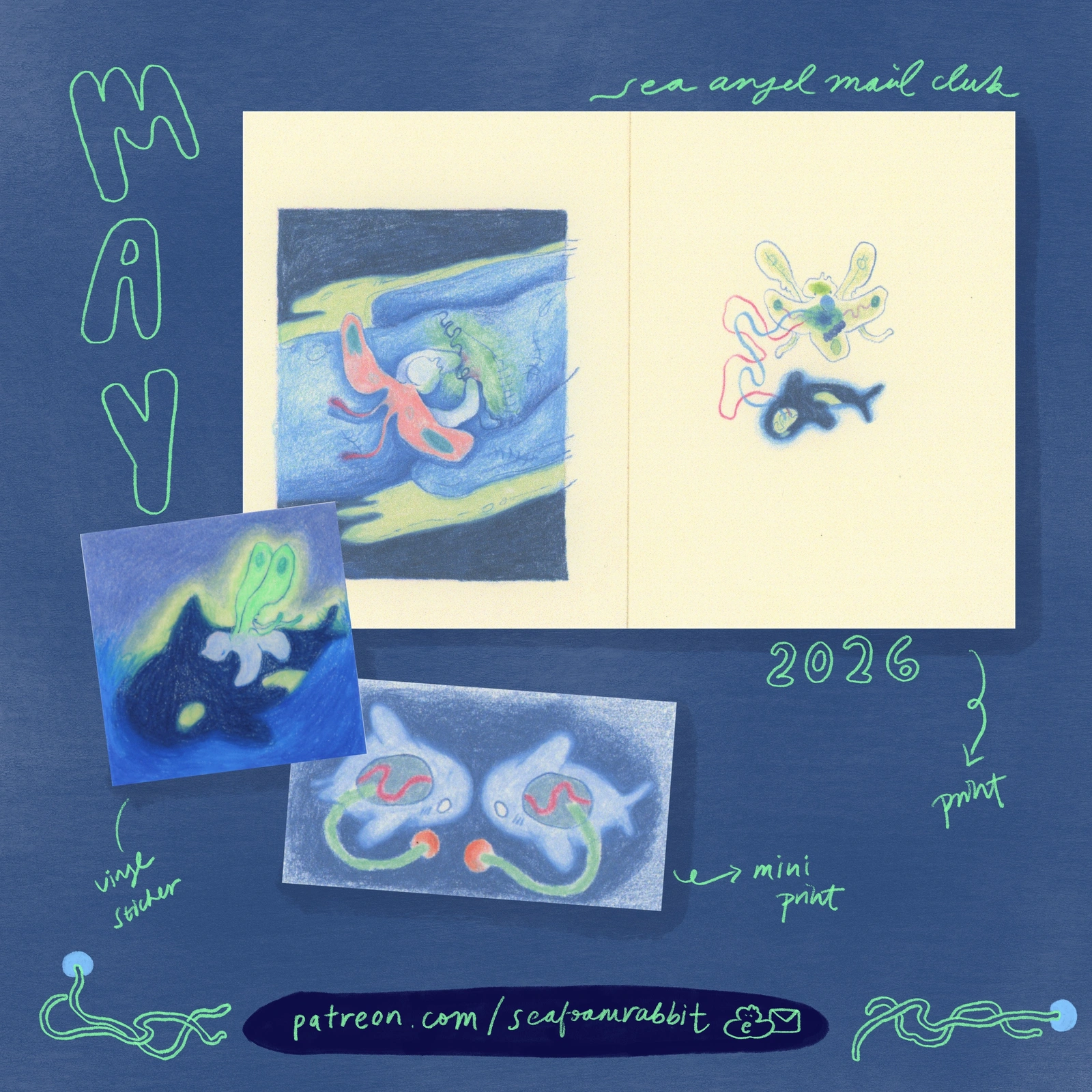 Sea Angel Mail Club — May 2026 print and stickers