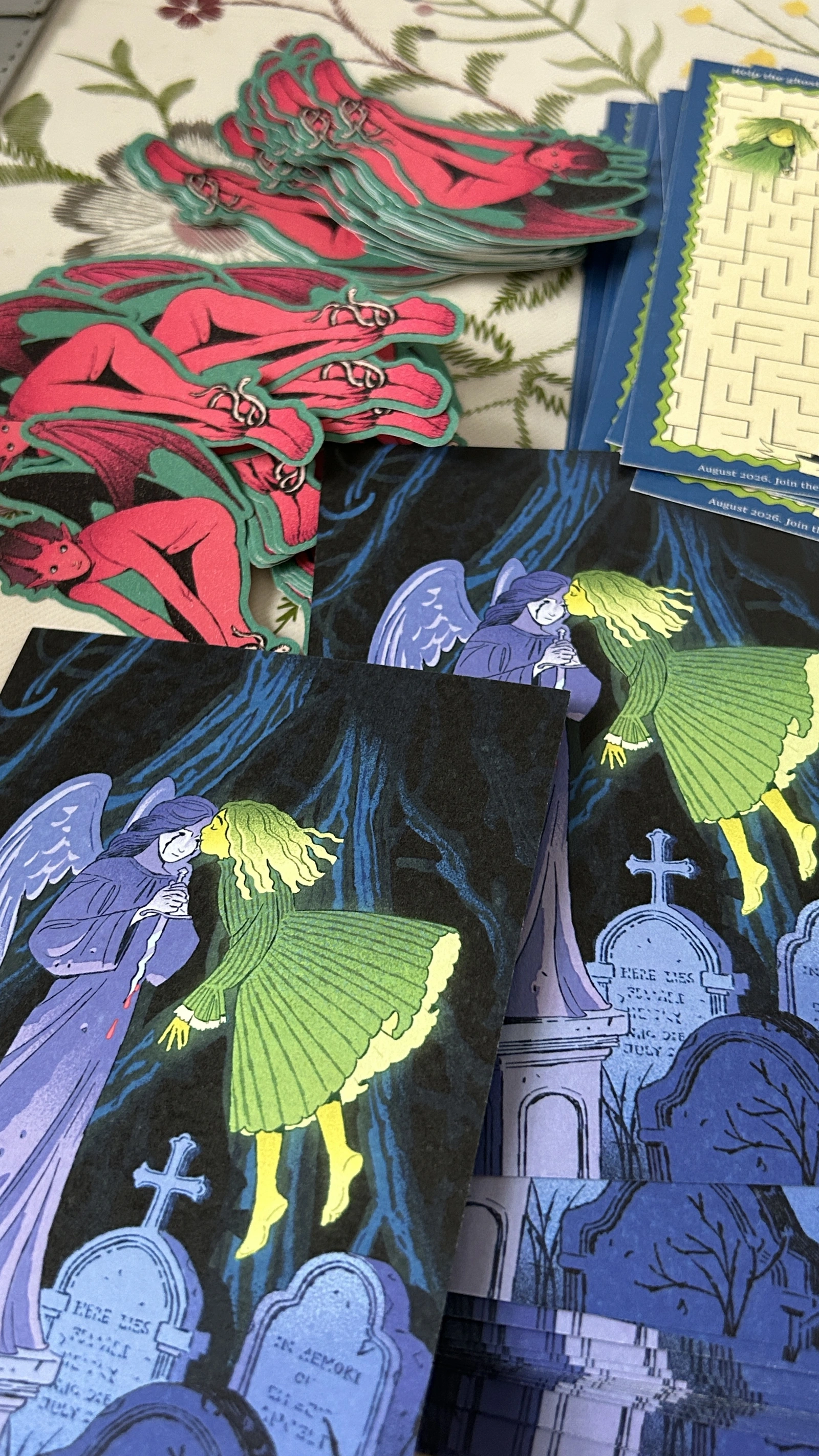 Snail Mail by Pottetto — August 2026 — A kiss for my Angel postcards, maze reverse, and stickers