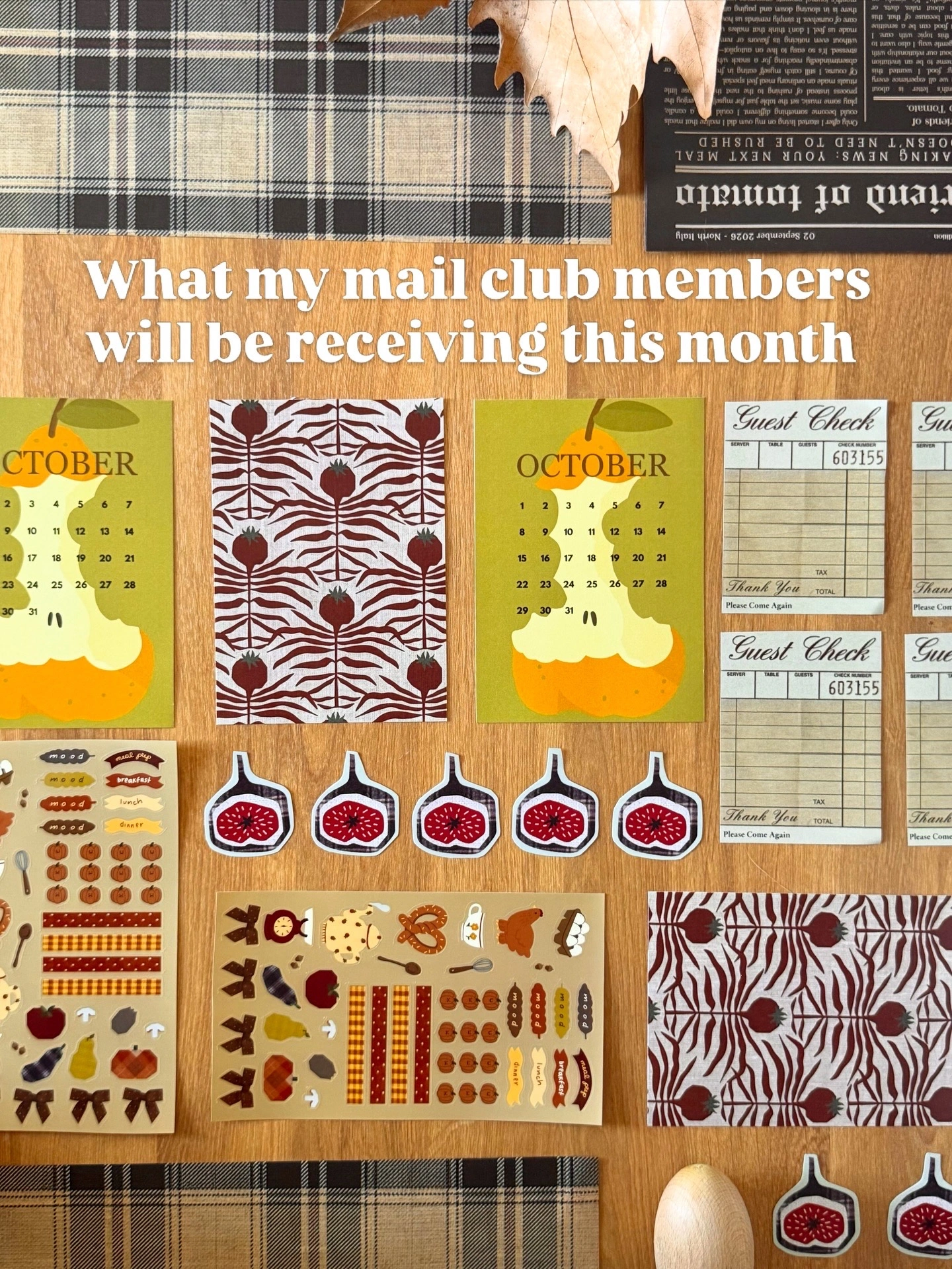 October Friend of Tomato mail designs with a pear calendar, fig stickers, patterned print and letter