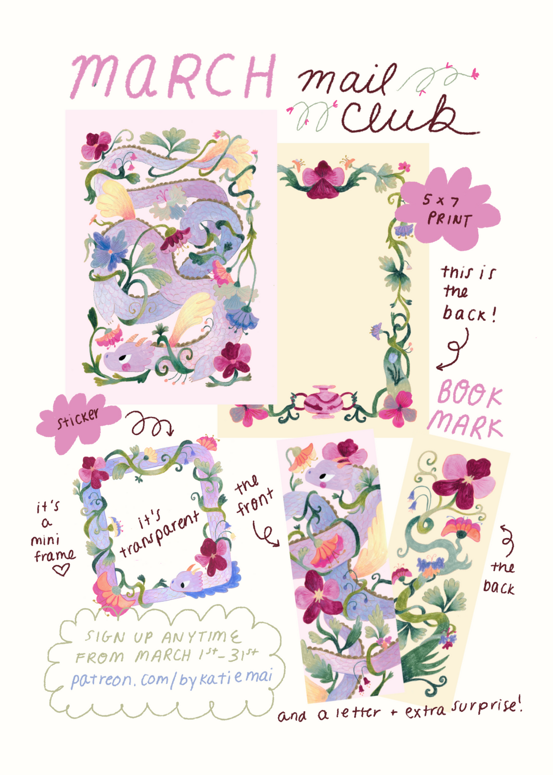 Katie Mai March dragon-themed print, sticker, and bookmark designs