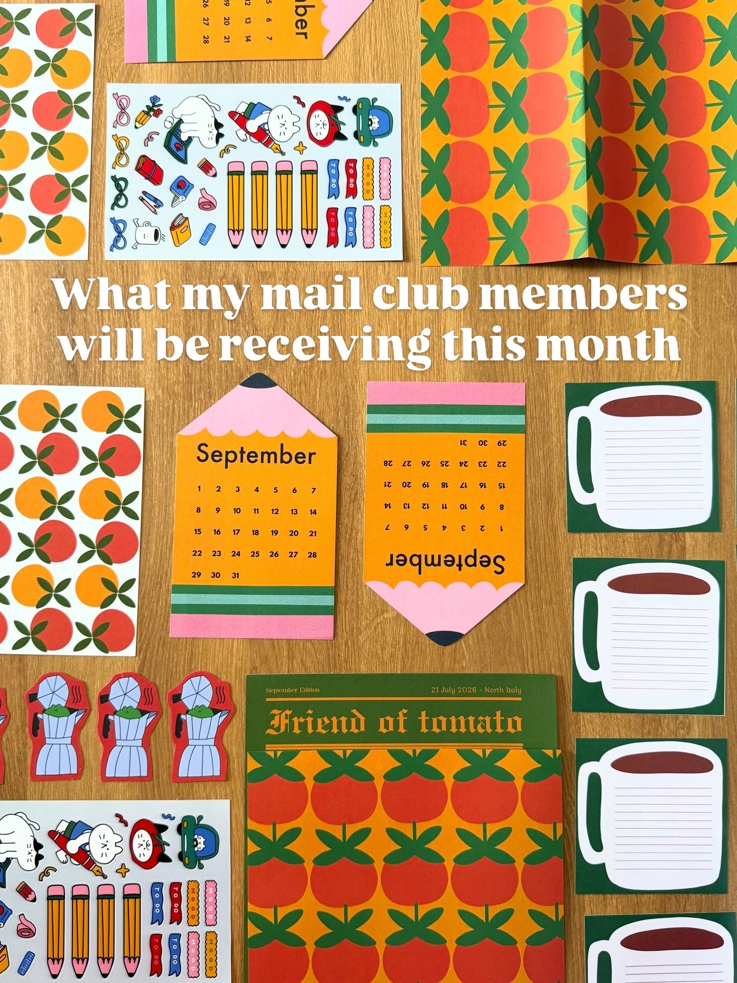 September Friend of Tomato mail designs with a pencil calendar, cat stickers, coffee notepads and letter