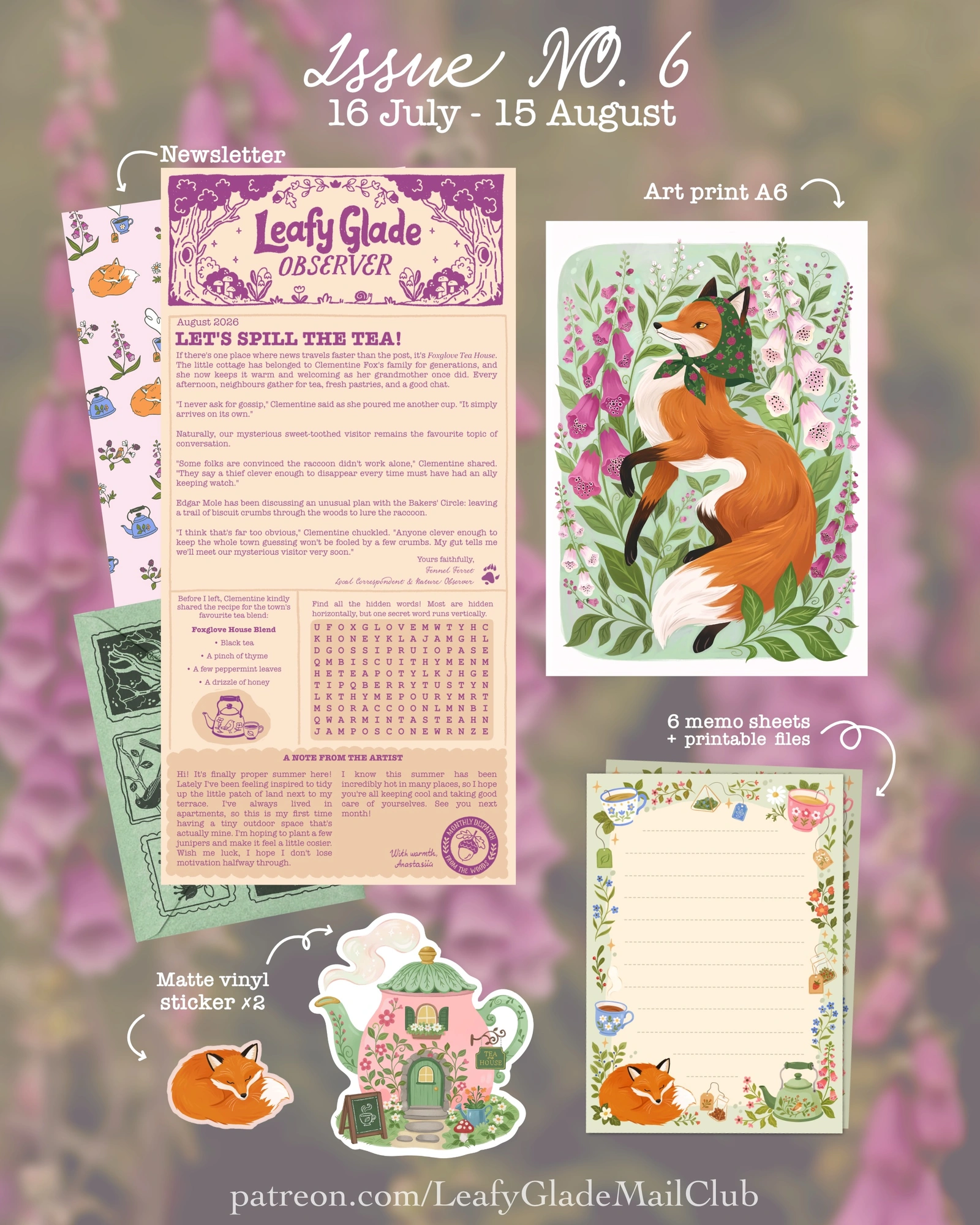Leafy Glade Mail Club — August 2026 Clementine Fox and Foxglove Tea House edition