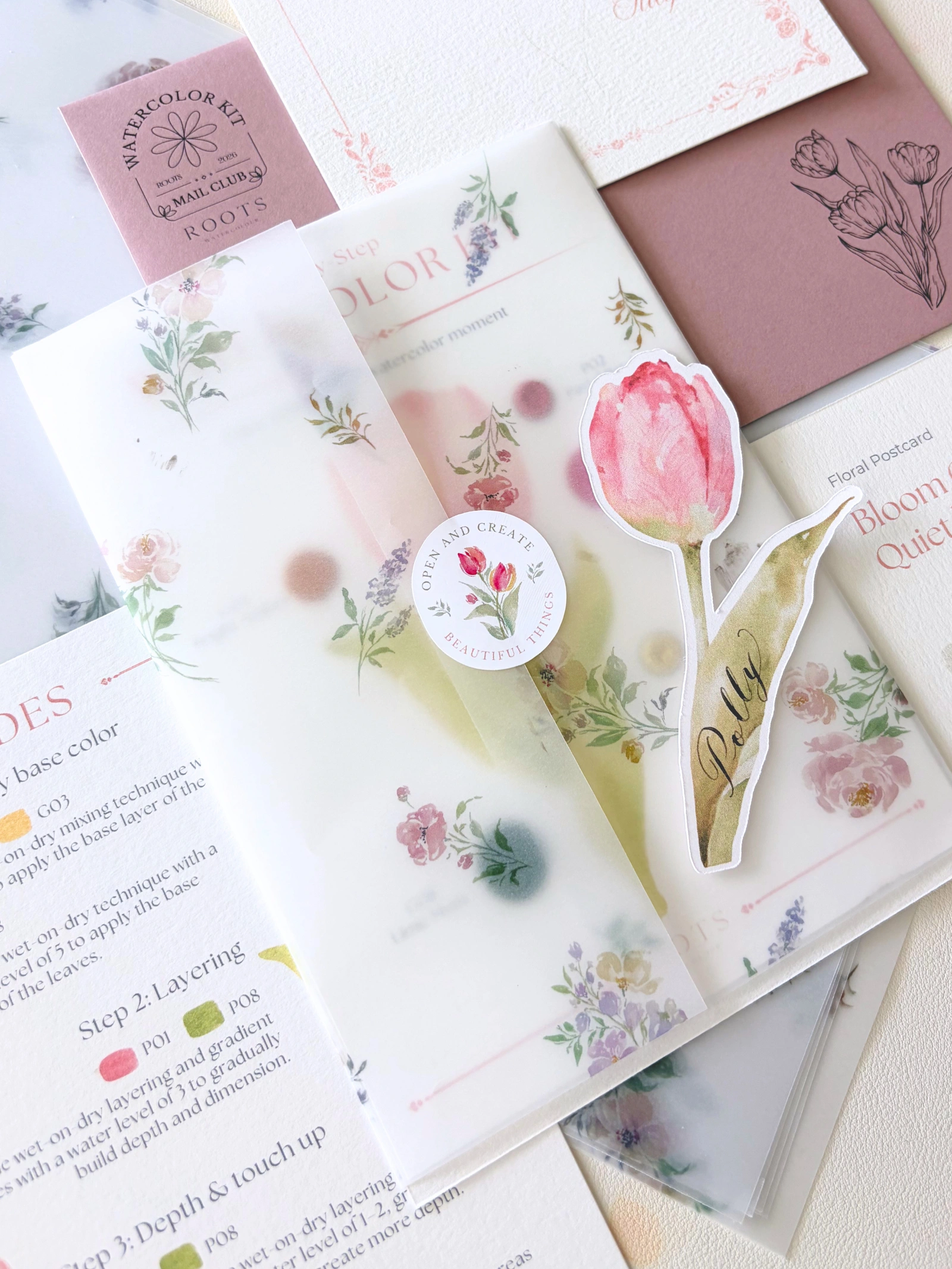 Watercolor Kit Mail Club — August 2026 Blush Tulip — kit materials arranged in a batch