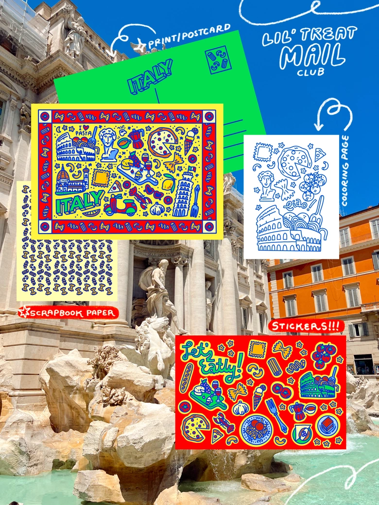 Lil' Treat Mail Club: Italy-themed edition with print, patterned paper, and stickers