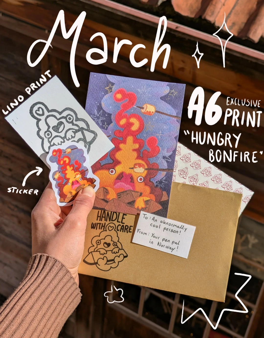 Pinecone Print Club — March edition — Hungry Bonfire print, linocut, and sticker