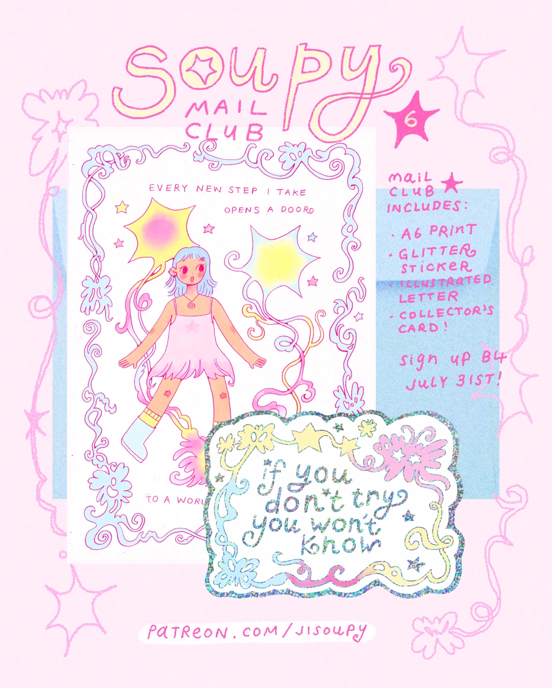 The Soupy Mail Club — July Portals edition preview with an A6 print and glitter sticker