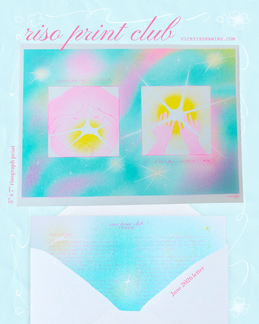 Riso Print Club — June 2026 risograph print with its accompanying letter