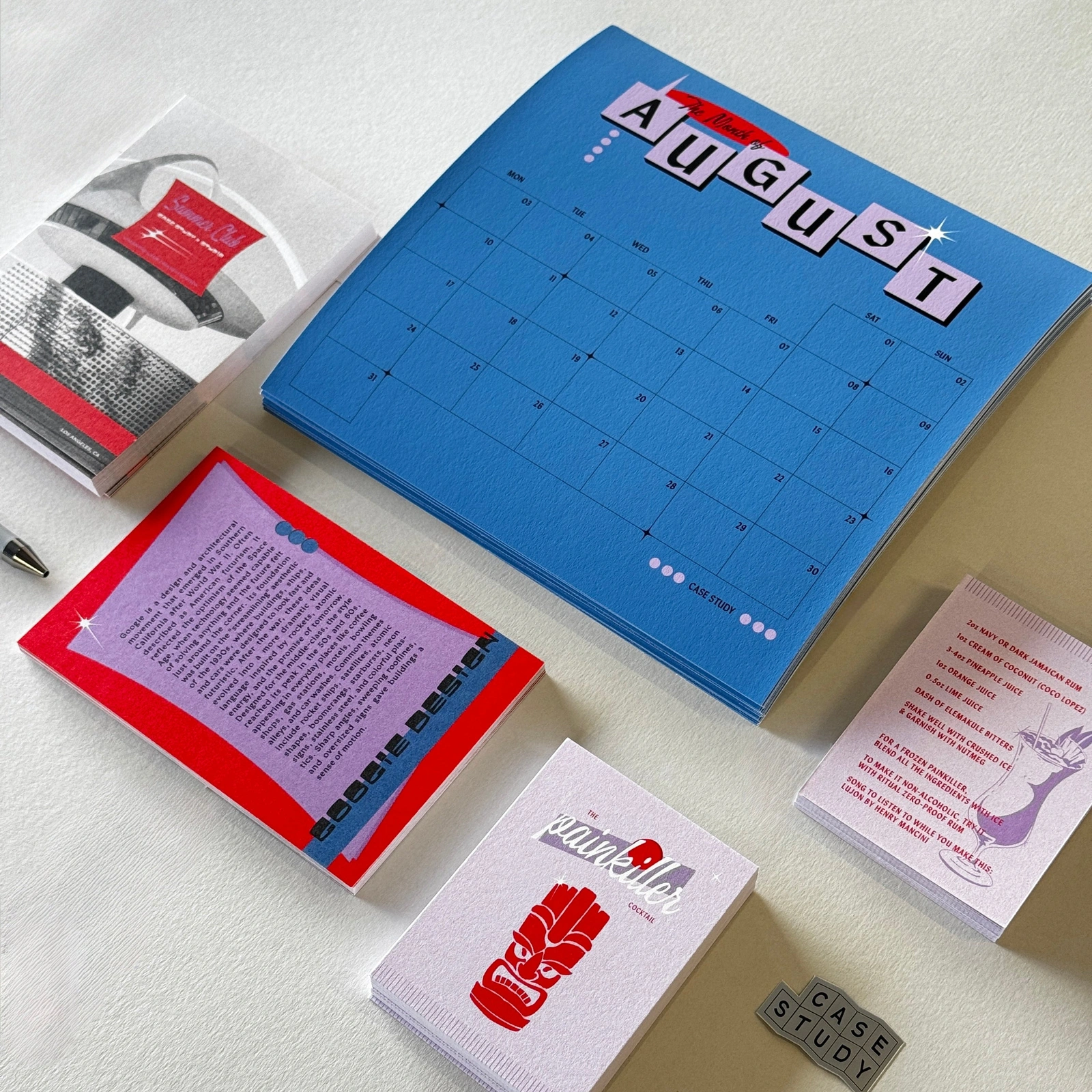 Case Study's Calendar Club: August calendar and Googie design postcards
